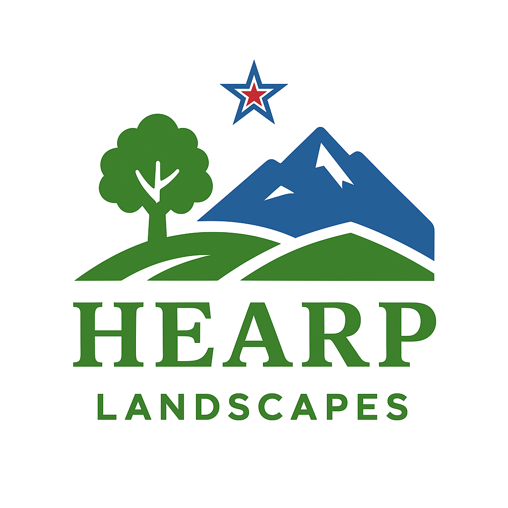 Logo for HIEARP Landscapes featuring a green tree, blue mountains, and a red, white, and blue star.