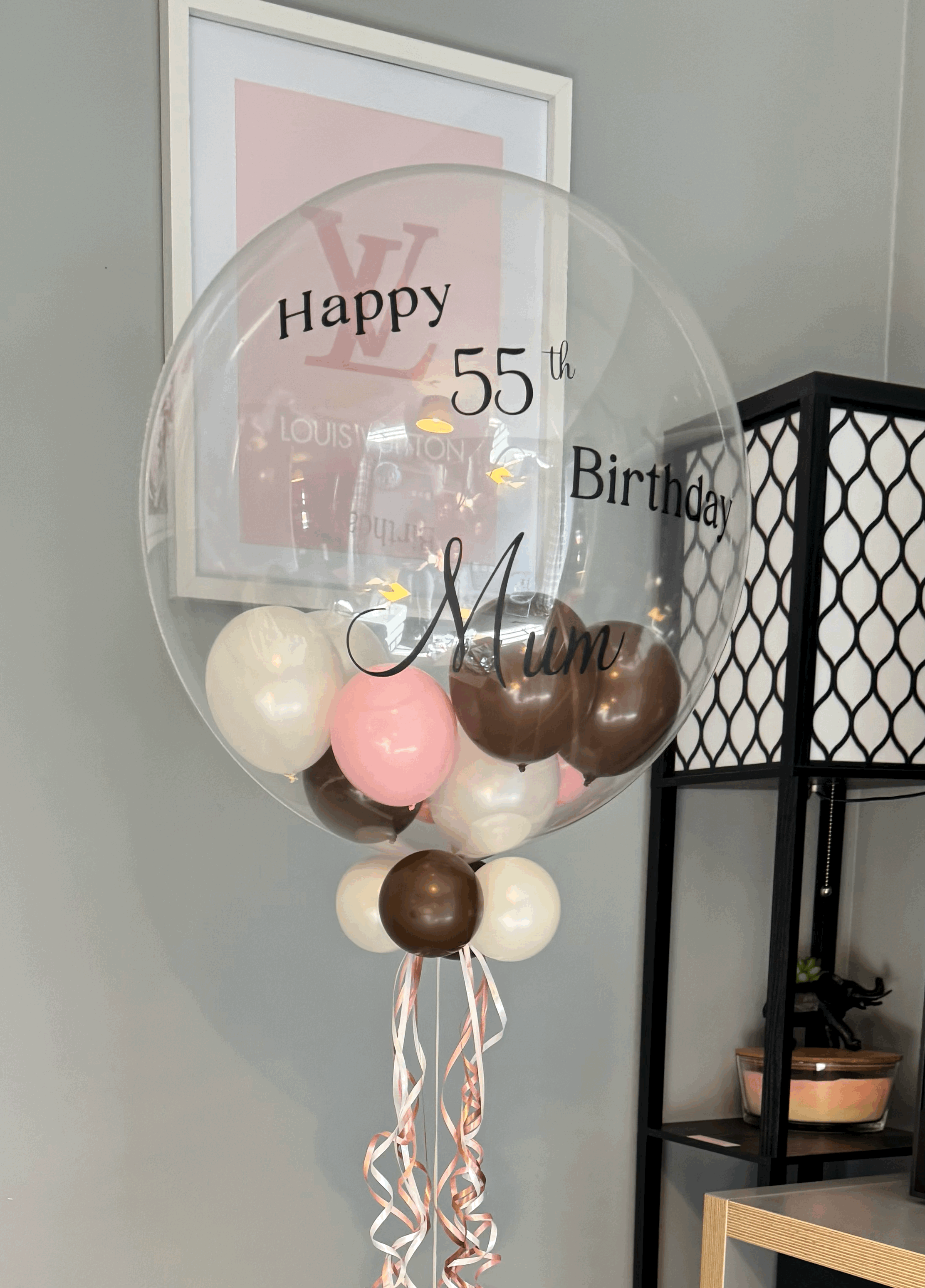 personalised helium T/deco bubble balloon.
