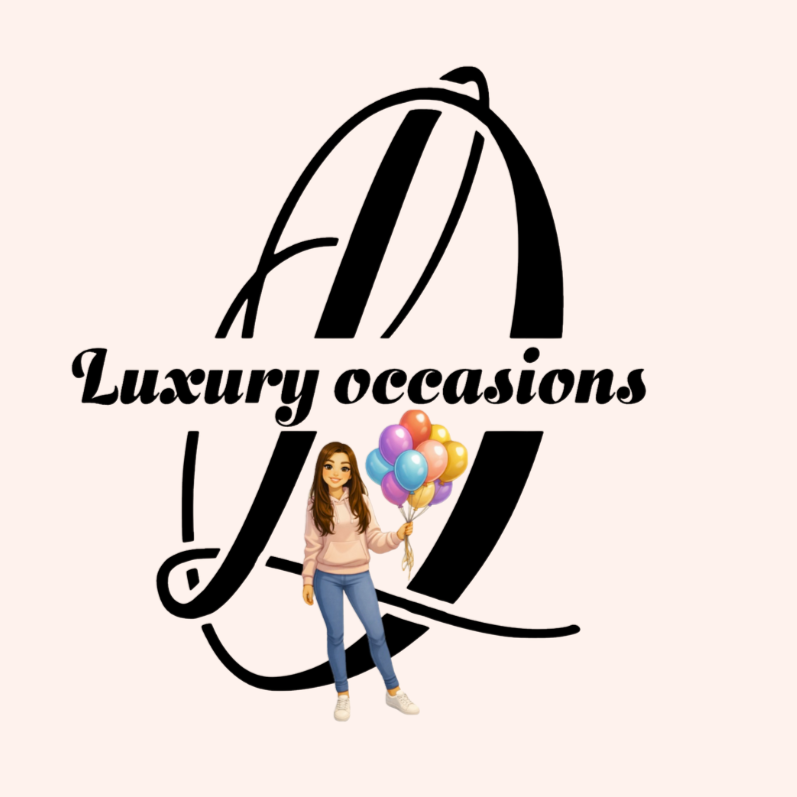 Logo for luxury occasions featuring a stylized black and white monogram design with text and an illustrated woman holding a bunch of colorful balloons.