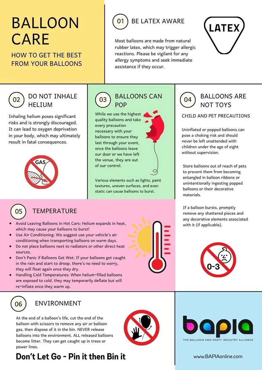 Infographic with safety tips for balloon care, including awareness of latex allergies, not inhaling helium, balloon explosion precautions, temperature guidelines, and environmental disposal instructions.