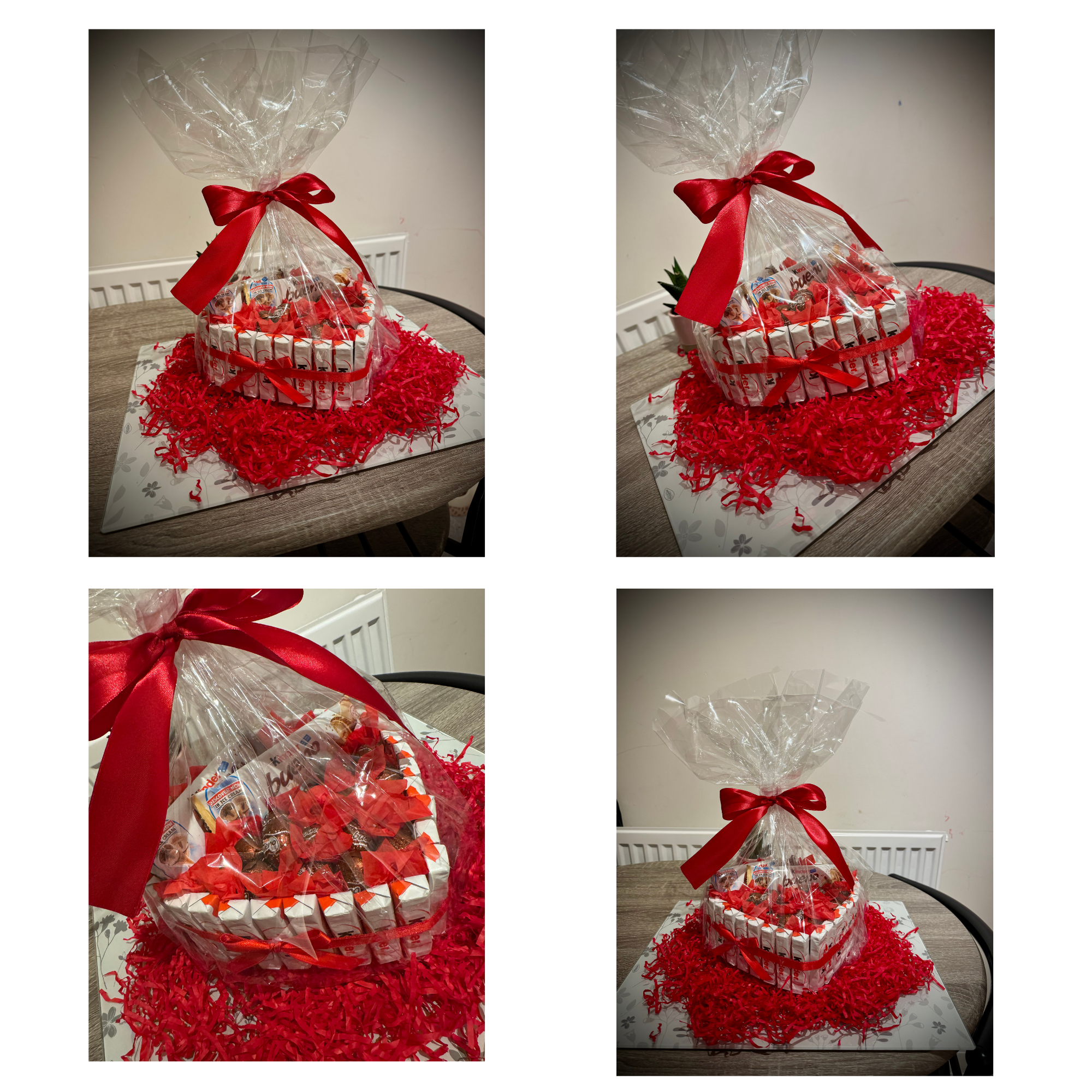kinder bueno heart shape wrapped in gift wrap and bow.
