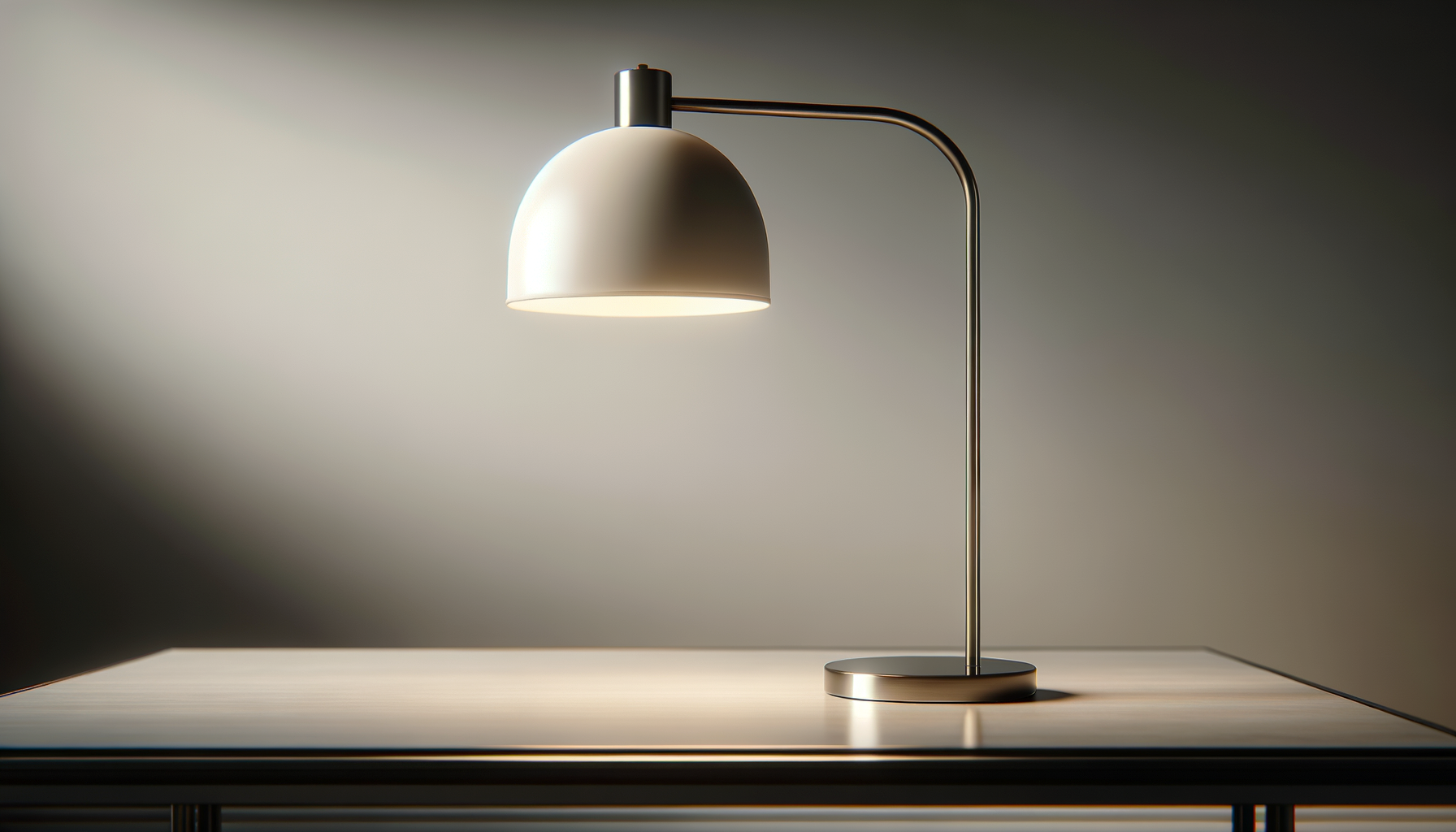 A modern silver desk lamp with a curved metal arm and a dome-shaped shade, turned on and casting light on a wooden surface.