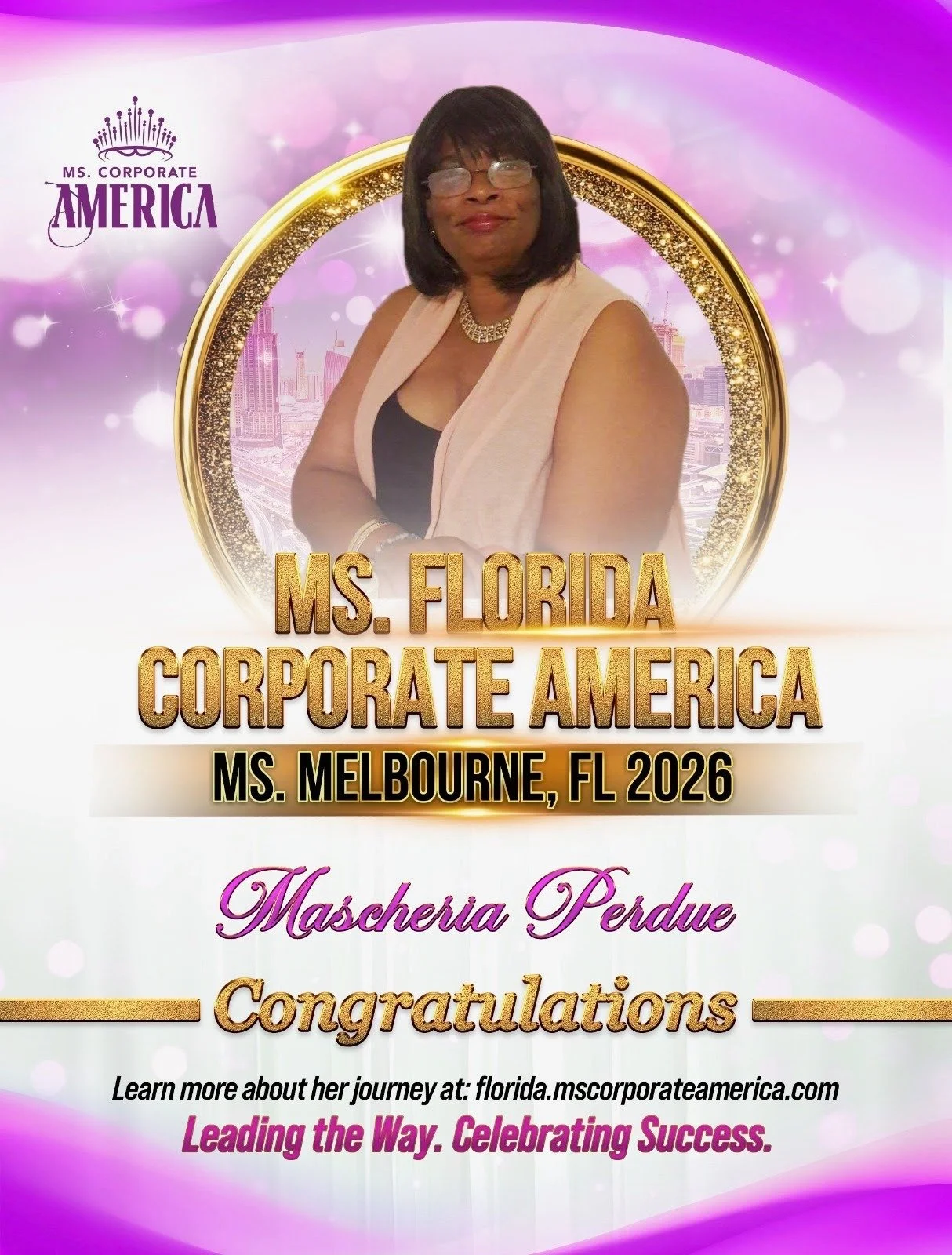 A woman with glasses and shoulder-length hair wearing a gold necklace and a beige vest over a black top, standing in front of a digital graphic background with purple and pink colors, gold and purple text, and cityscape images. The text mentions Ms. Florida Corporate America, Ms. Melbourne, FL 2026, Mascheria Perdue, and includes a website link.