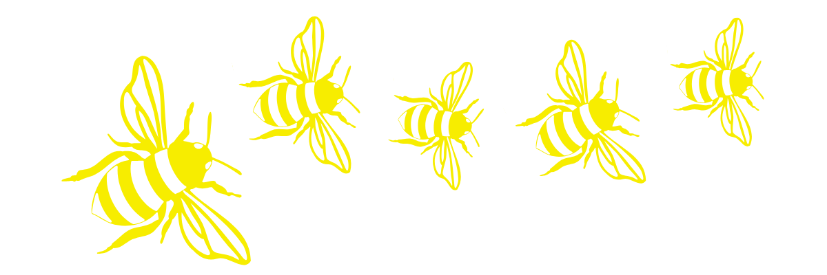 Five yellow bees flying in line against a black background.