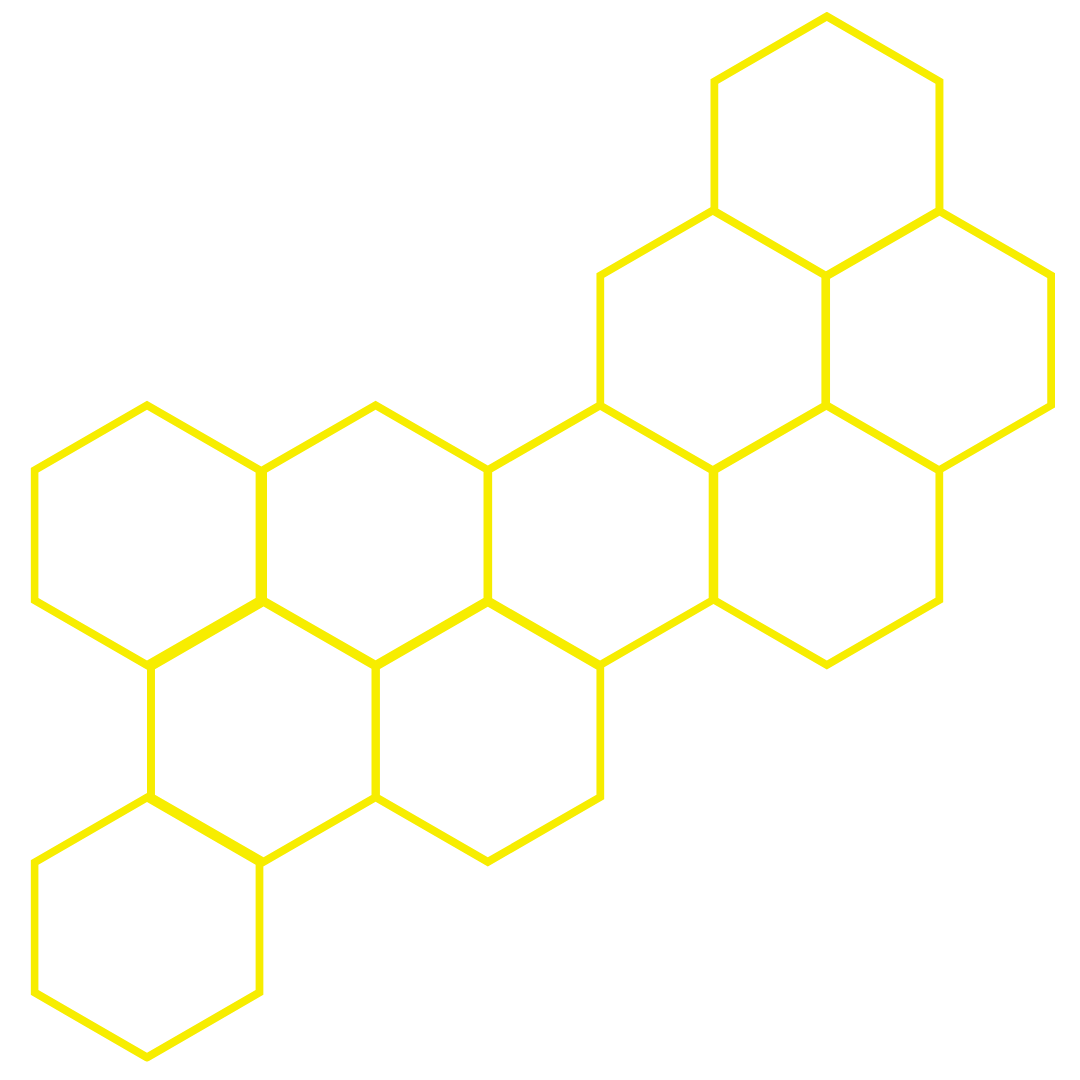 A black background with a yellow honeycomb pattern consisting of interconnected hexagons.