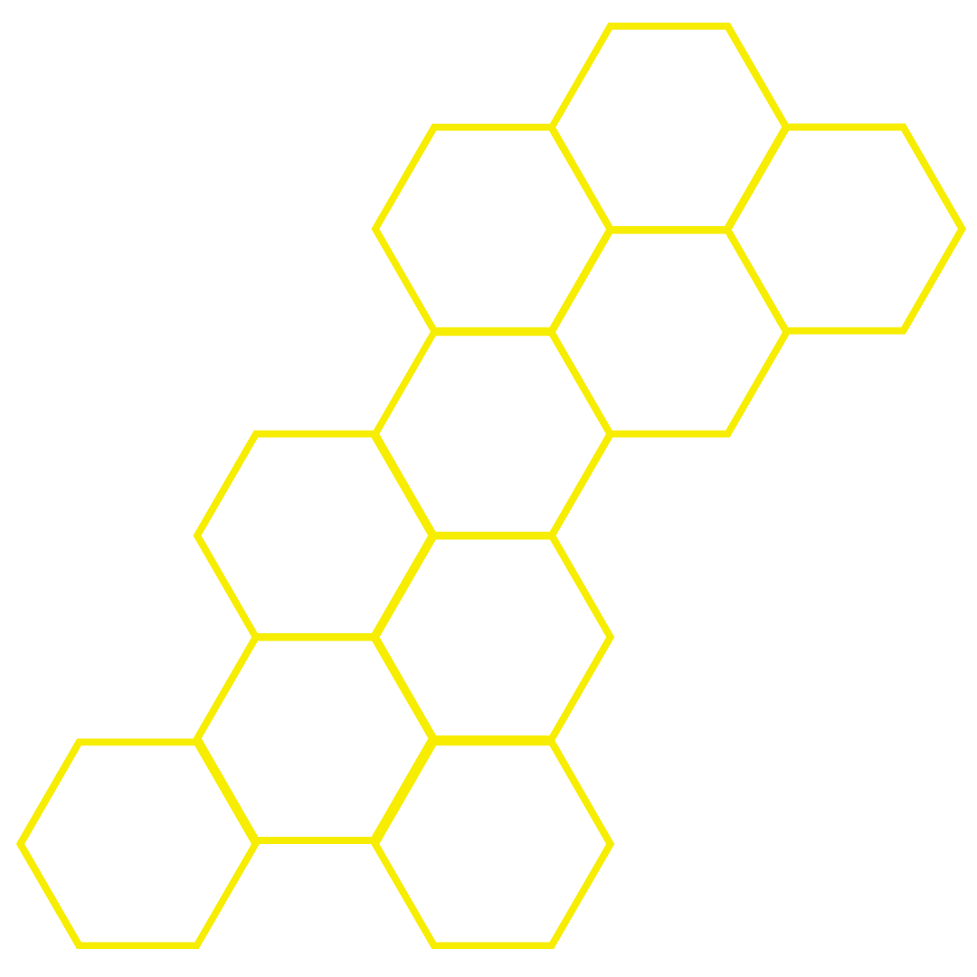 A diagram of interconnected yellow outlined hexagons on a black background, forming a honeycomb pattern.