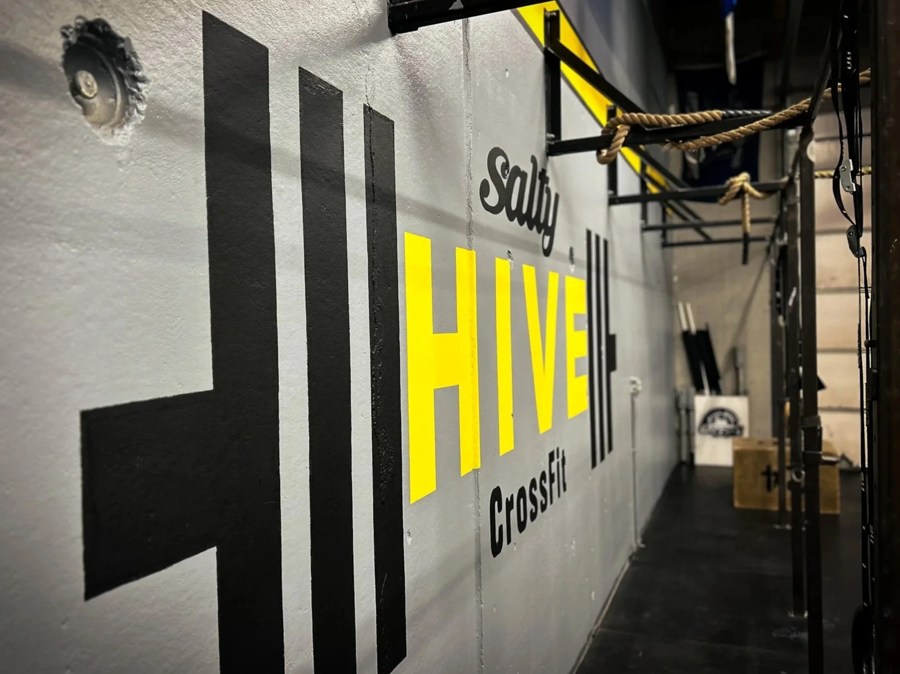 Close-up of a wall with black and yellow painted text saying 'Salty HIVE CrossFit' and exercises equipment like a pull-up bar with ropes hanging from it, in a gym.