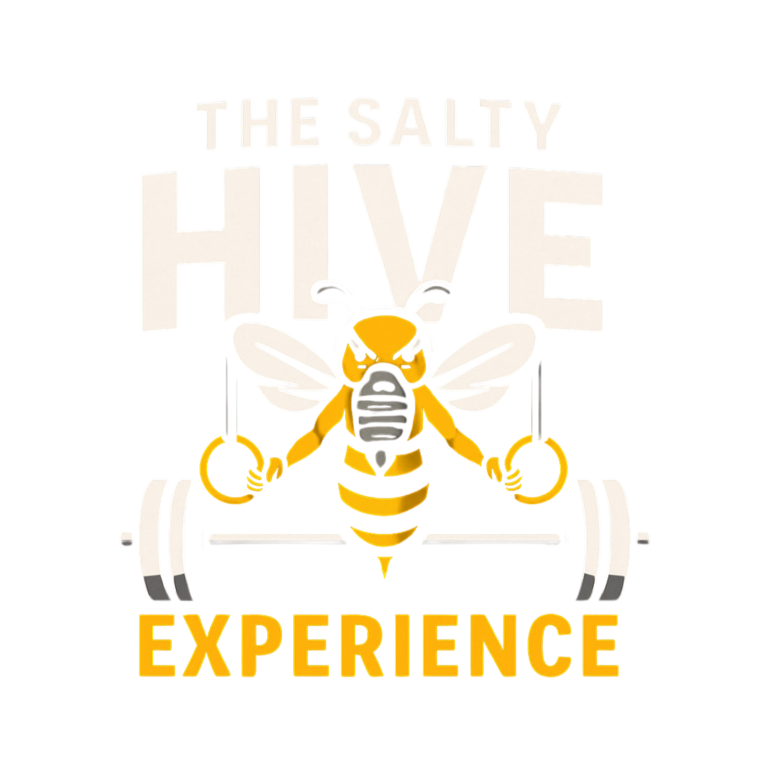 A stylized bee with humanoid features, including arms, sitting on a platform beneath the text 'The Salty Hive' and 'Experience' at the bottom, with a black background.