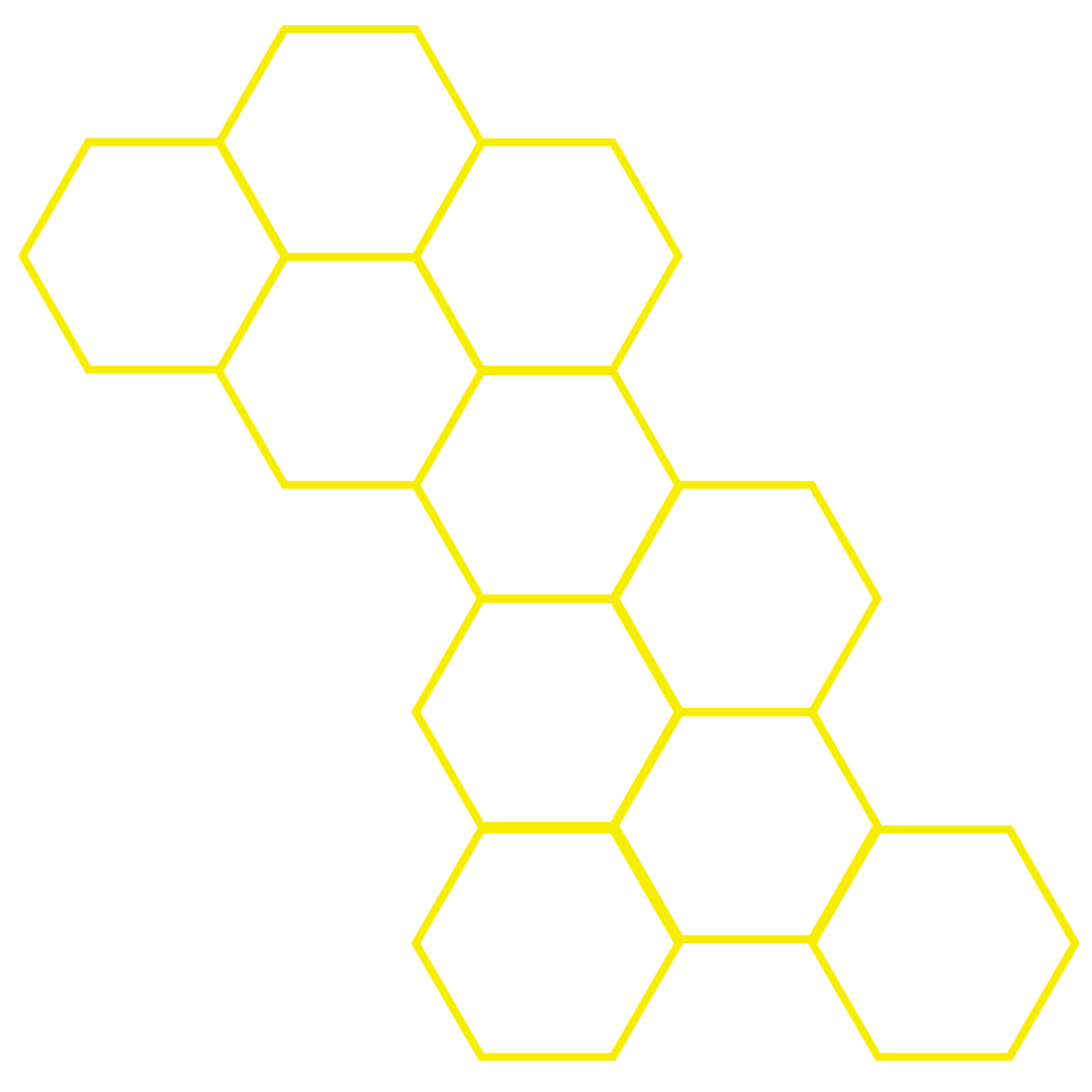 A pattern of interconnected yellow hexagons on a black background, resembling a honeycomb structure.