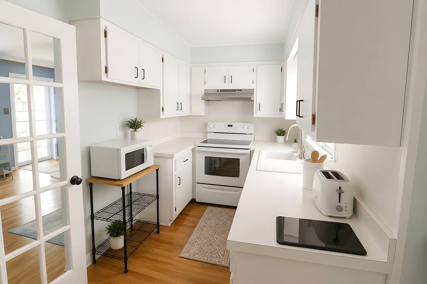 Clean, white kitchen with wooden floor, microwave on a small black wire rack, toaster, potted plants, and oven.
