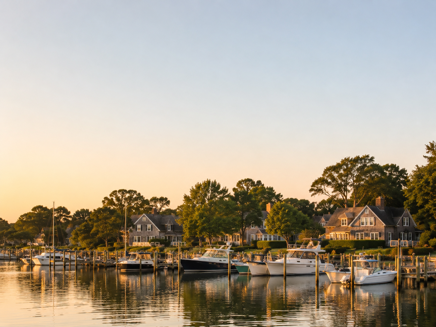 A serene waterfront scene at sunset with several sailboats and powerboats docked along a calm river, houses with lush trees line the background.