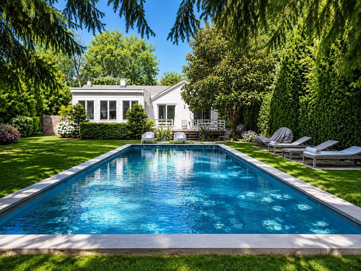 A backyard with a rectangular swimming pool, surrounded by a well-maintained green lawn. There are trees and bushes around the yard, with a white house in the background. The yard has lounge chairs and a shaded area with umbrellas, creating a peacefu
