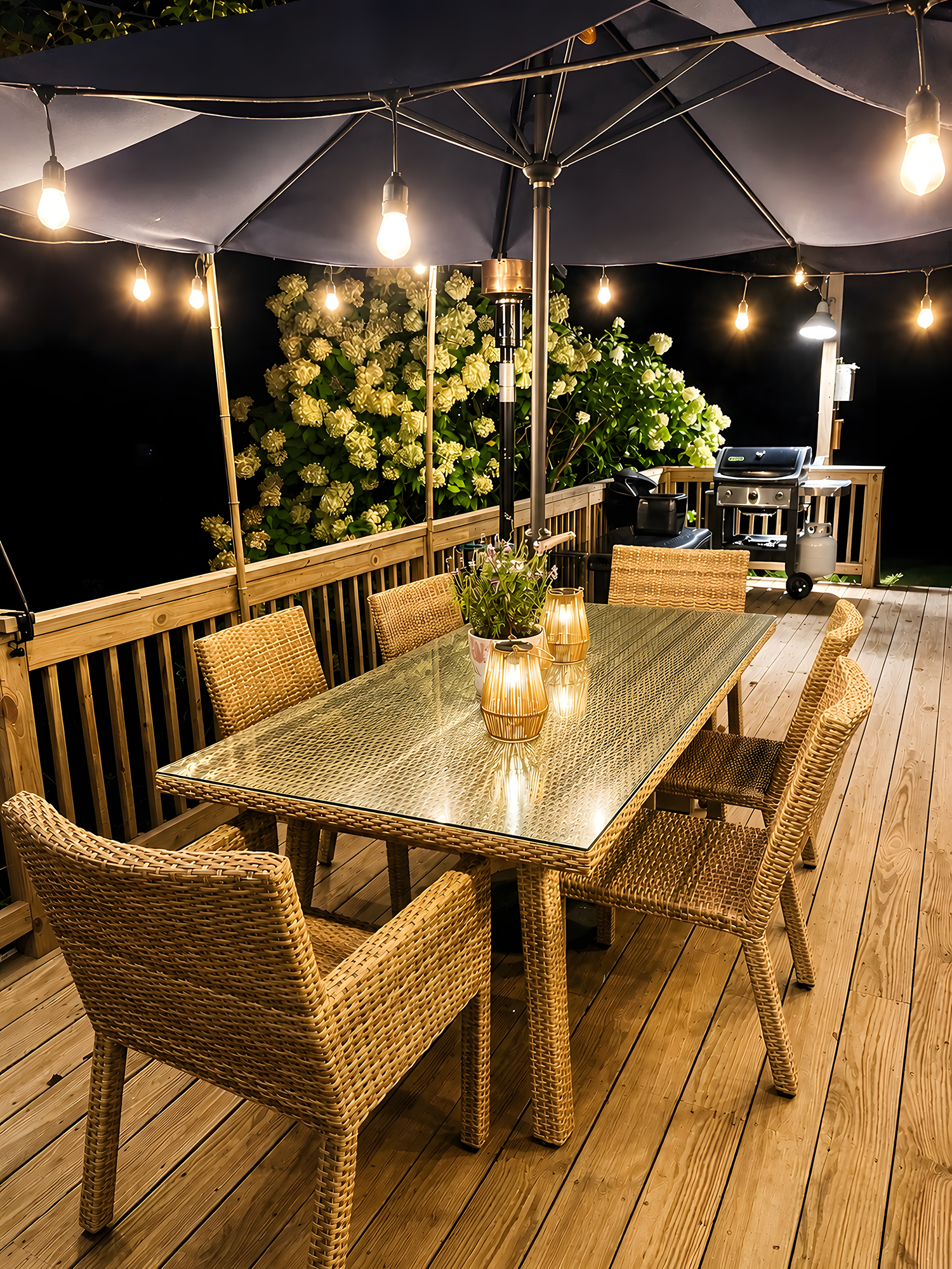 A cozy outdoor dining area illuminated by string lights under a large patio umbrella, featuring a glass-top table surrounded by wicker chairs, with a lush green plant and a gas grill in the background on a wooden deck.