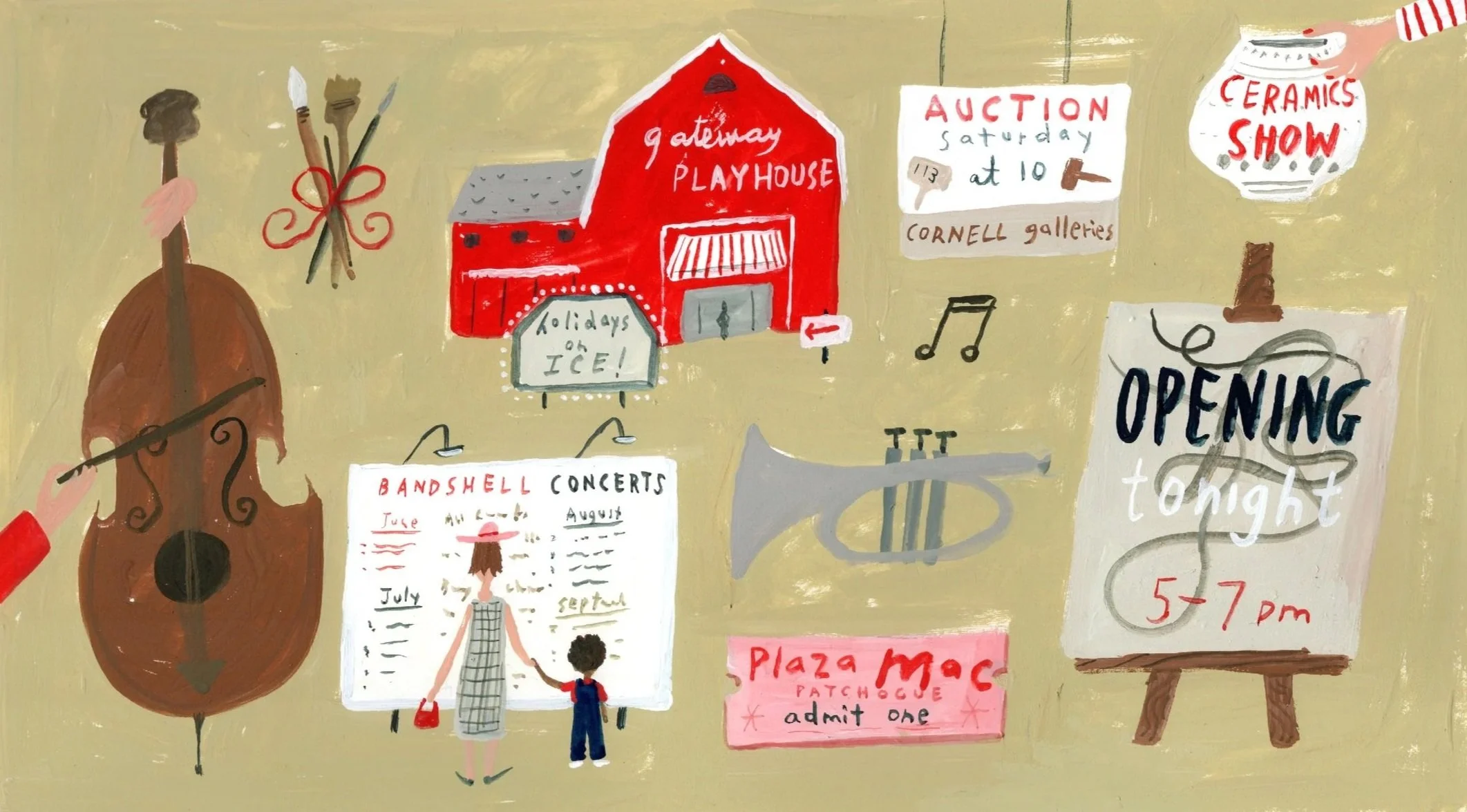 Colorful illustrated bulletin board with various signs and drawings promoting upcoming events such as a playhouse, auction, ceramics show, band shell concerts, and a grand opening, along with a musical instrument and a calendar.