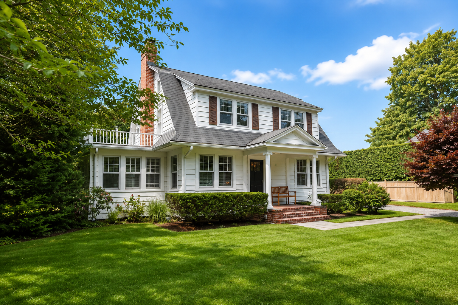 A white two-story house with a black roof and red brick chimney, surrounded by a well-maintained green lawn and bushes, on a clear day with blue sky.