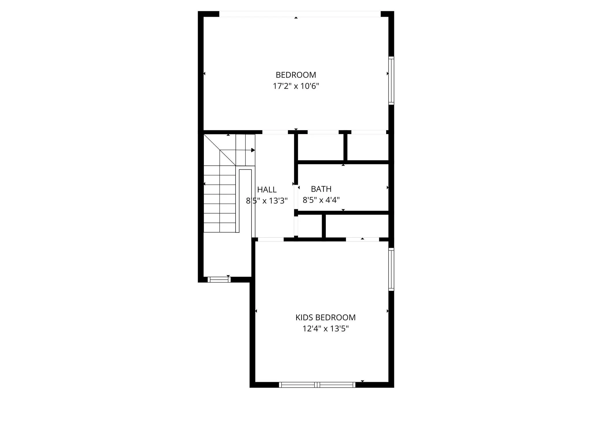 Floor plan of a house showing a kids' bedroom, a bedroom, a bathroom, and a hall with stairs.