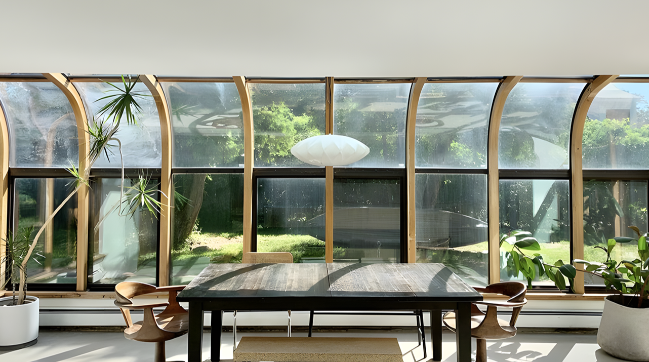 Interior of a sunroom with a wooden dining table, six chairs, potted plants, and large windows with a view of greenery outside.