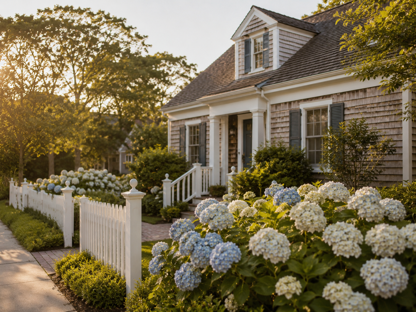 A charming house with a shingled exterior and blue shutters, surrounded by well-kept garden beds filled with blooming white and blue hydrangeas, with steps leading to the front door and a white picket fence along the sidewalk in warm sunlight.