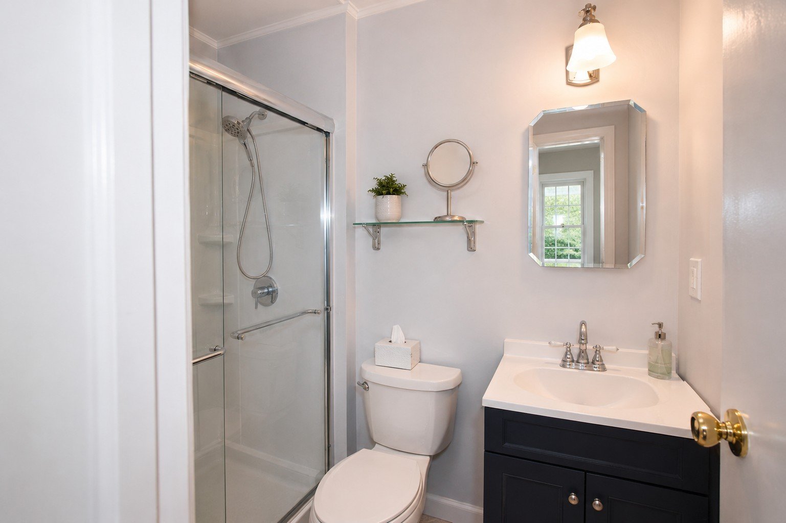 Small bathroom with a glass shower, toilet, vanity with sink, mirror, shelf with plant, tissue box, and soap dispenser, beige walls, and a window outside the mirror.