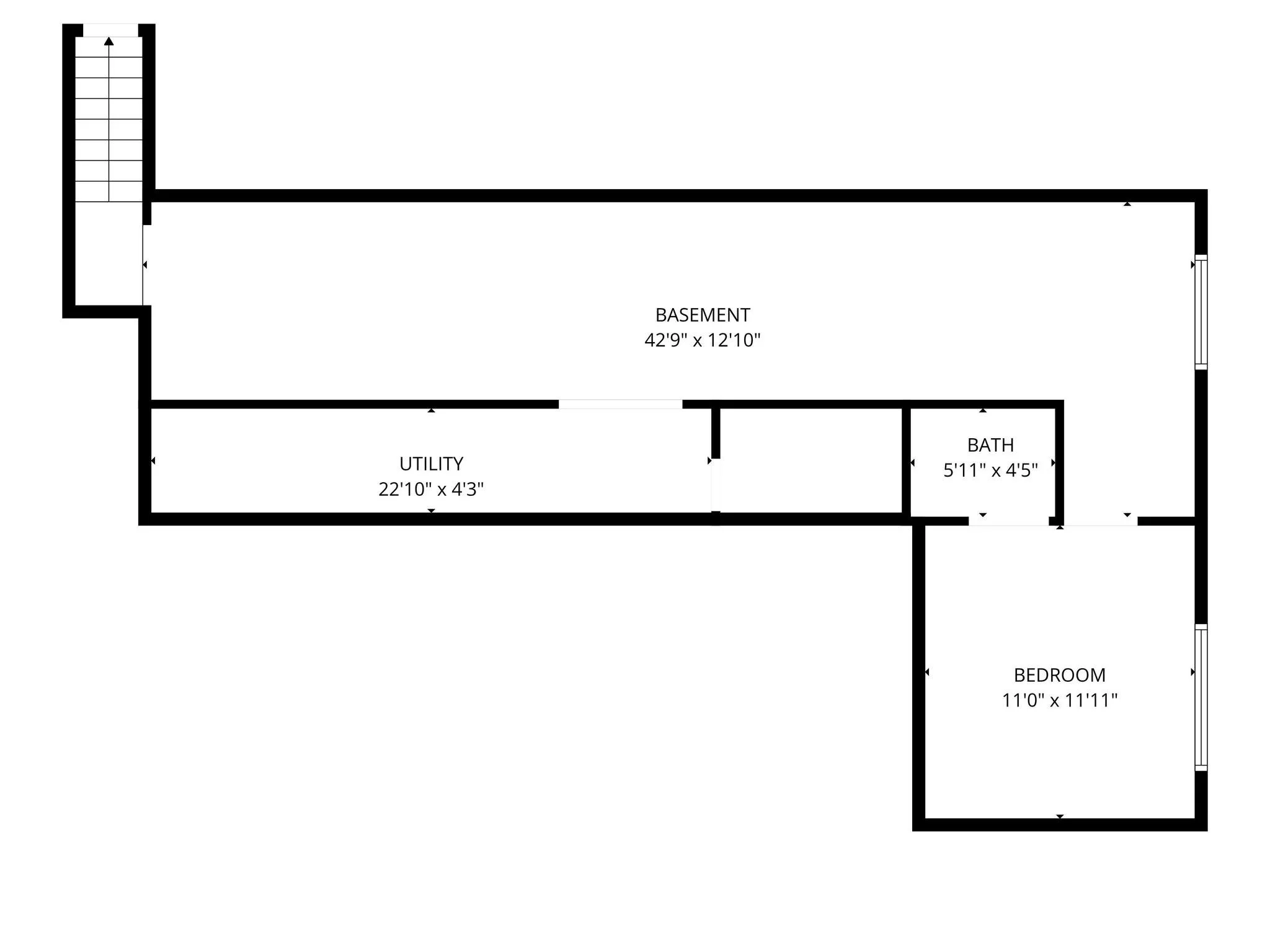 Floor plan of a basement showing labeled rooms including utility room, bathroom, bedroom, and a large open area.