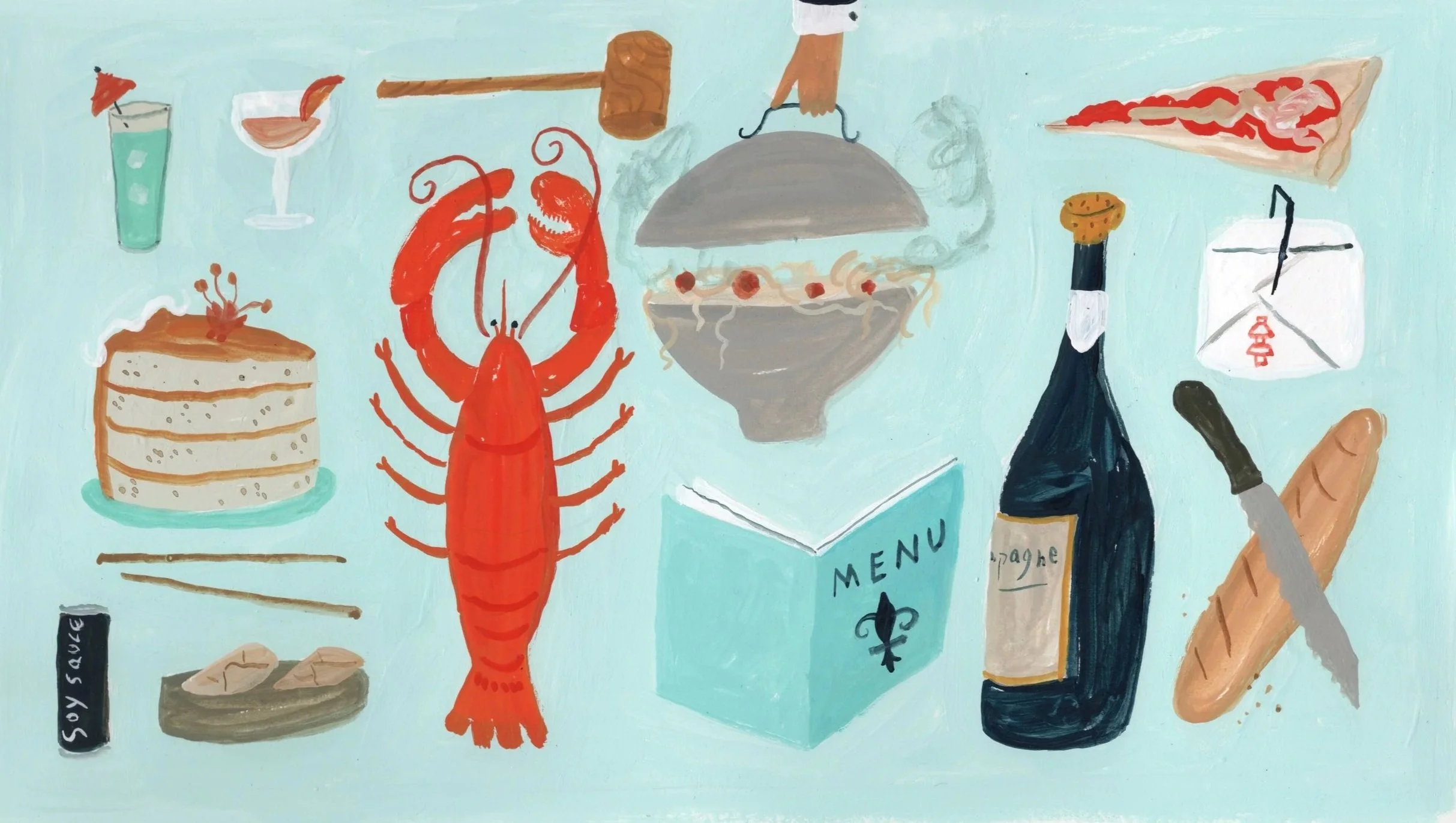 Hand-drawn illustration of food items including a lobster, a slice of cake, a martini glass with a slice of grapefruit, a pizza slice, a bottle of wine, a baguette, and a menu card.