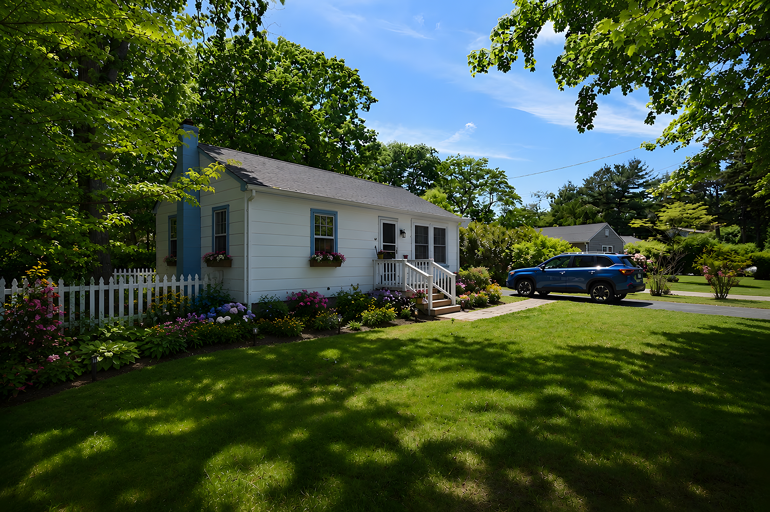 A white house with blue trim and a small front porch, surrounded by a garden with pink and purple flowers, a white picket fence, a green lawn, and a blue SUV parked on the driveway under a clear blue sky.