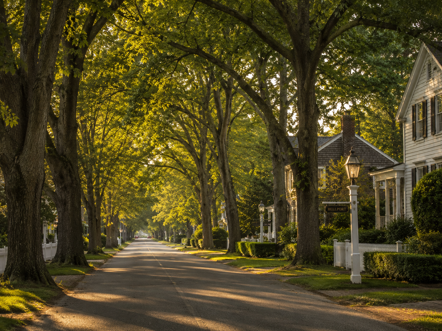 A quiet residential street lined with large trees and traditional houses, with the sunlight filtering through the green leaves.