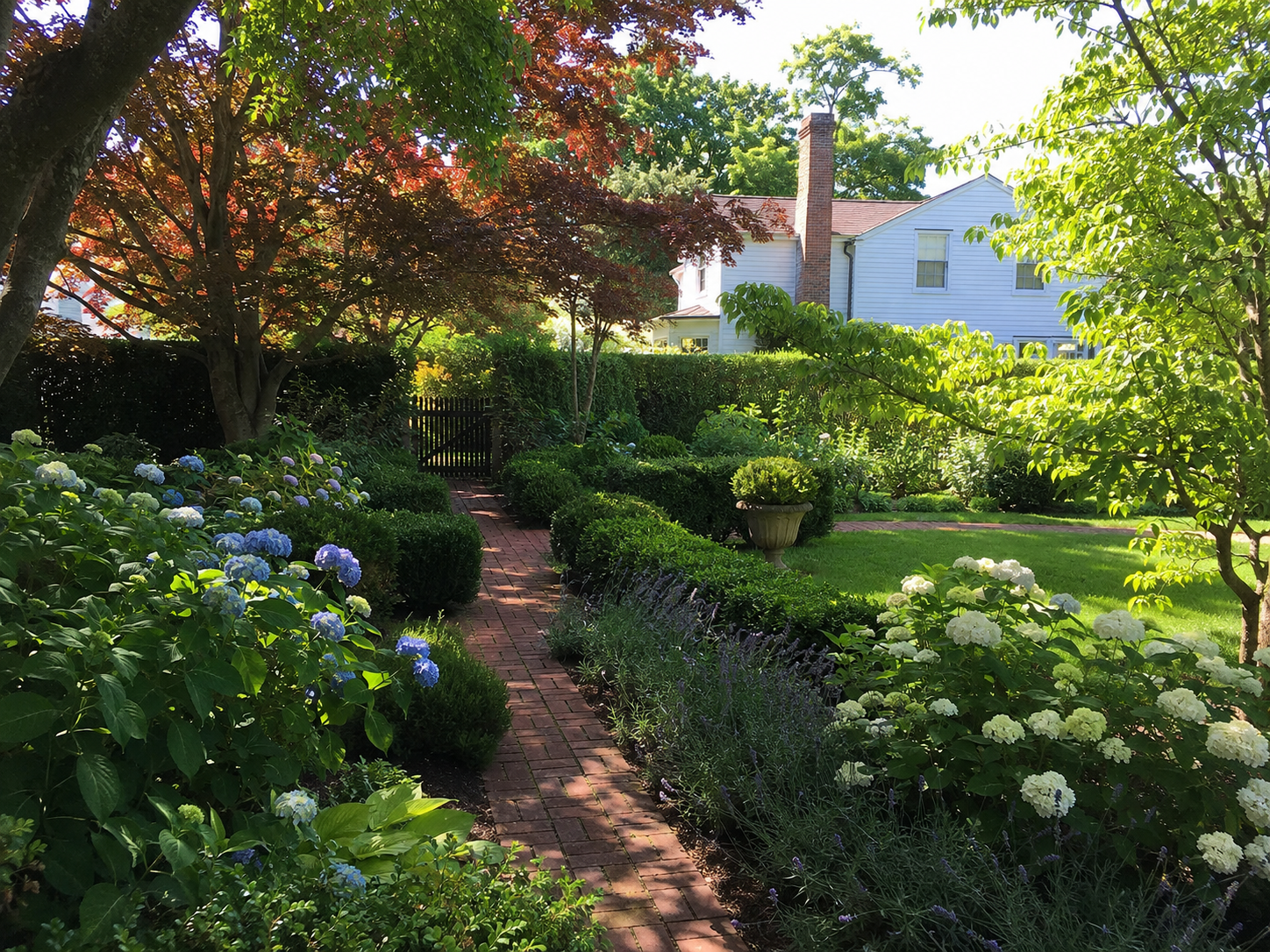 A lush garden with a winding brick pathway, surrounded by green bushes, colorful flowers, and trees with red and green leaves. A white house with a brick chimney is visible in the background under a bright, sunny sky.