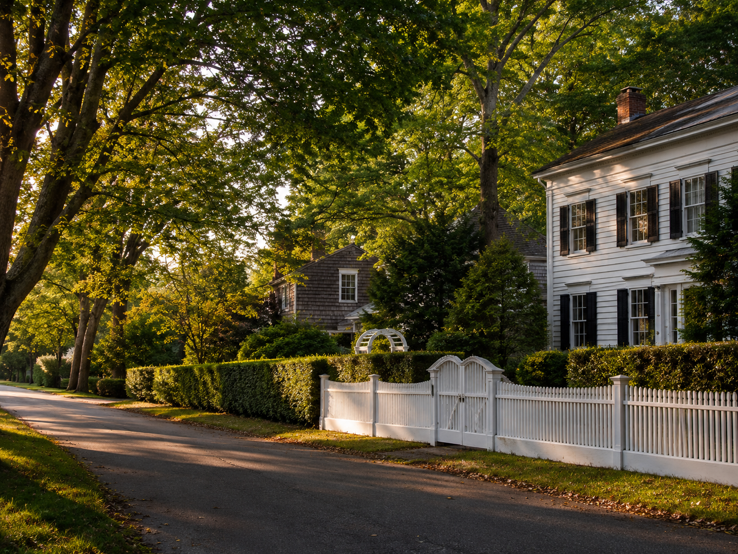 Residential street with large trees, a white picket fence, and a white house in the background, captured during sunset.