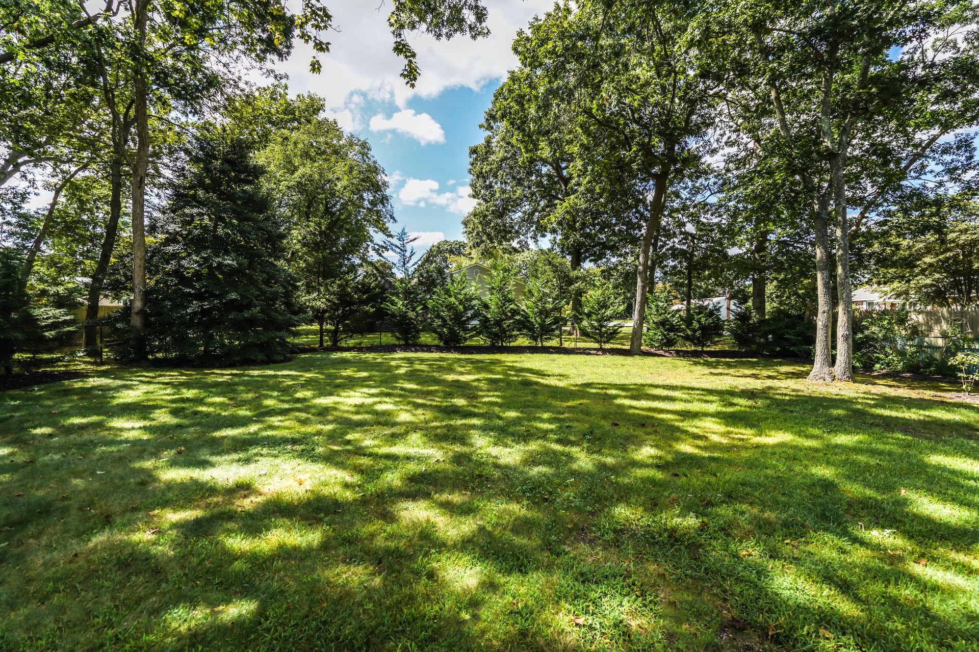 A backyard with a grassy lawn surrounded by tall trees and smaller shrubs under a partly cloudy sky.
