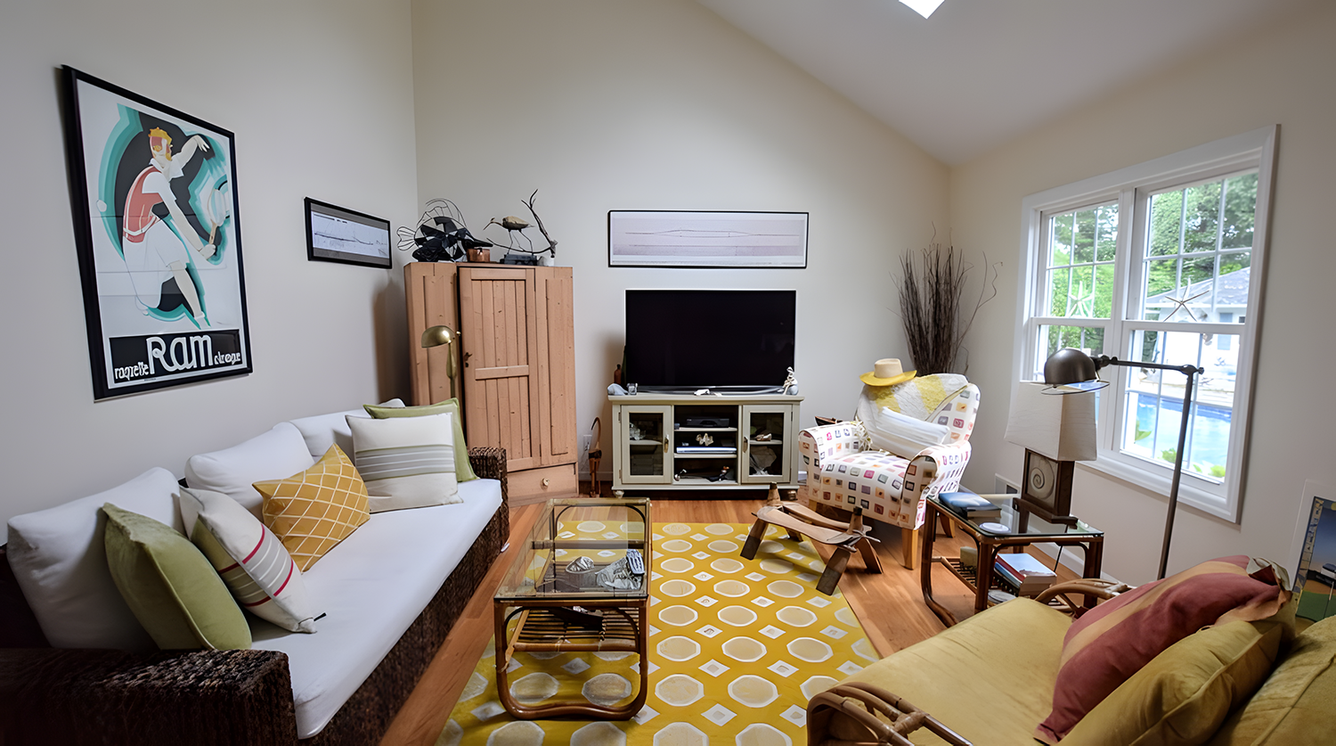 Living room with white sofa, yellow and green cushions, patterned armchair with a hat, yellow rug with white and gray geometric patterns, TV on a stand, window with a view of a yard, and various decorations.