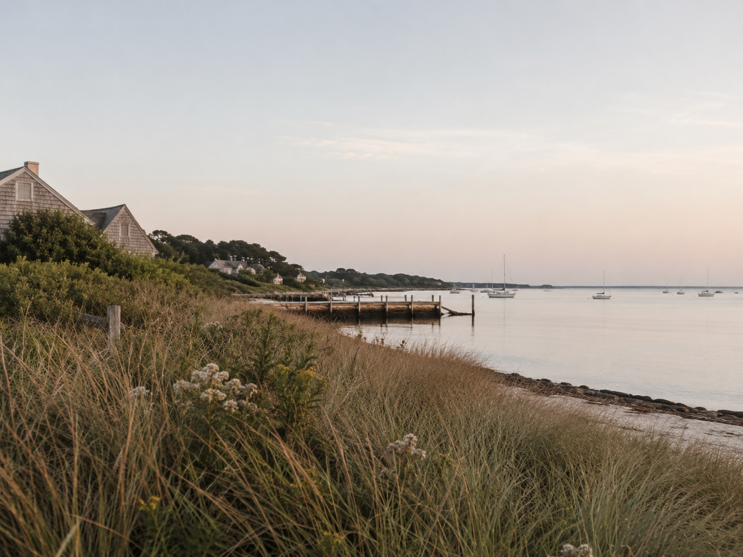 A coastal scene with a grassy shoreline, a pier extending into calm waters, sailboats floating, and houses with trees on a hill in the background under a light sky.