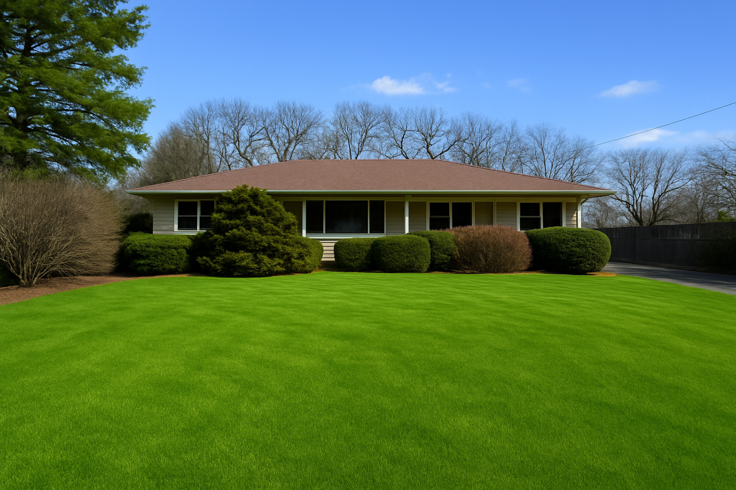 A single-story house with a brown roof, white exterior, and large front windows, surrounded by bushes and trees, with a front yard that has patches of snow and dry grass.