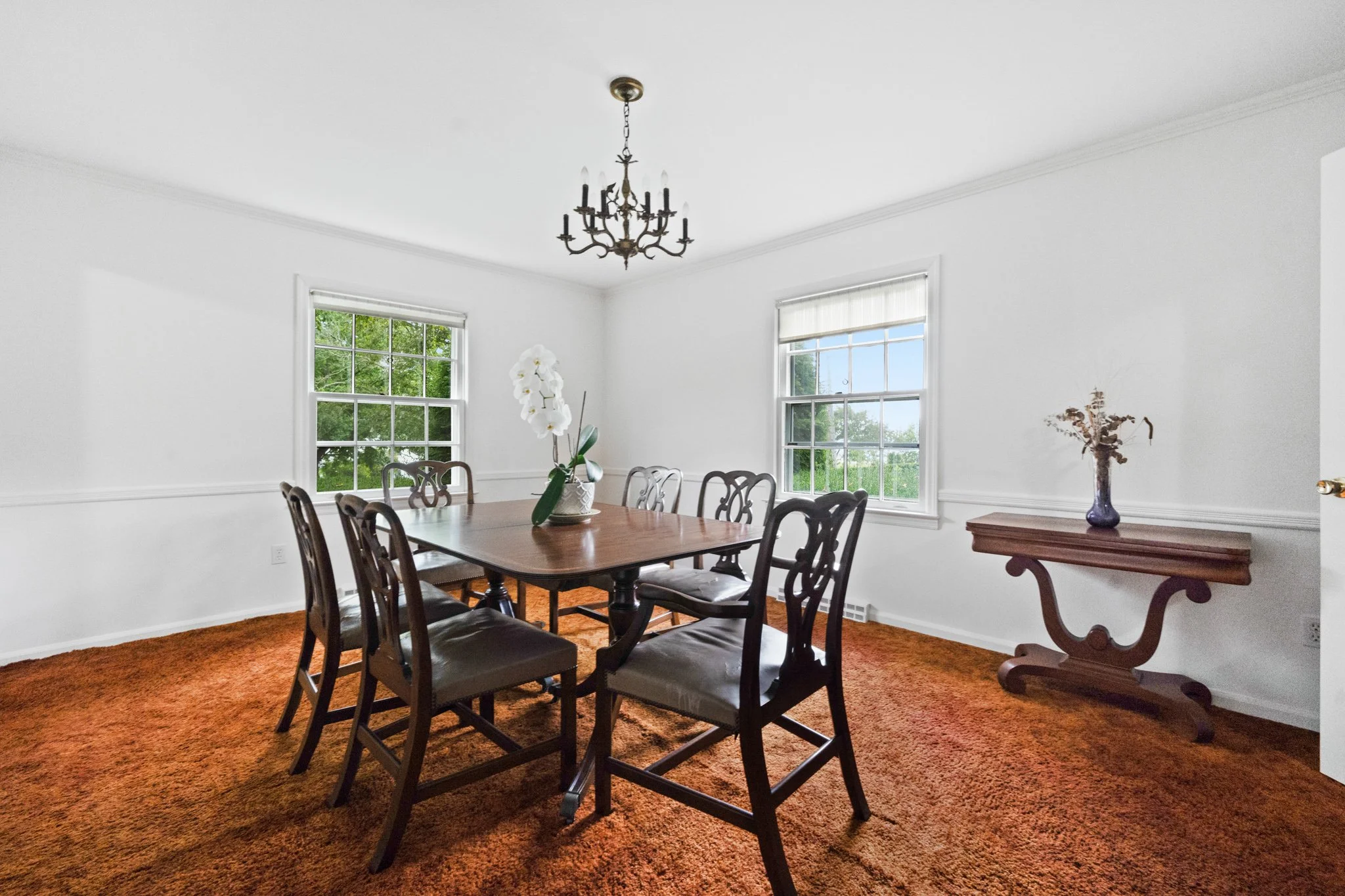 A dining room with a wooden table and black chairs, a chandelier hanging from the ceiling, white walls, two large windows with blinds, a potted orchid on the table, a side table with dried flowers, and a reddish-brown carpet.
