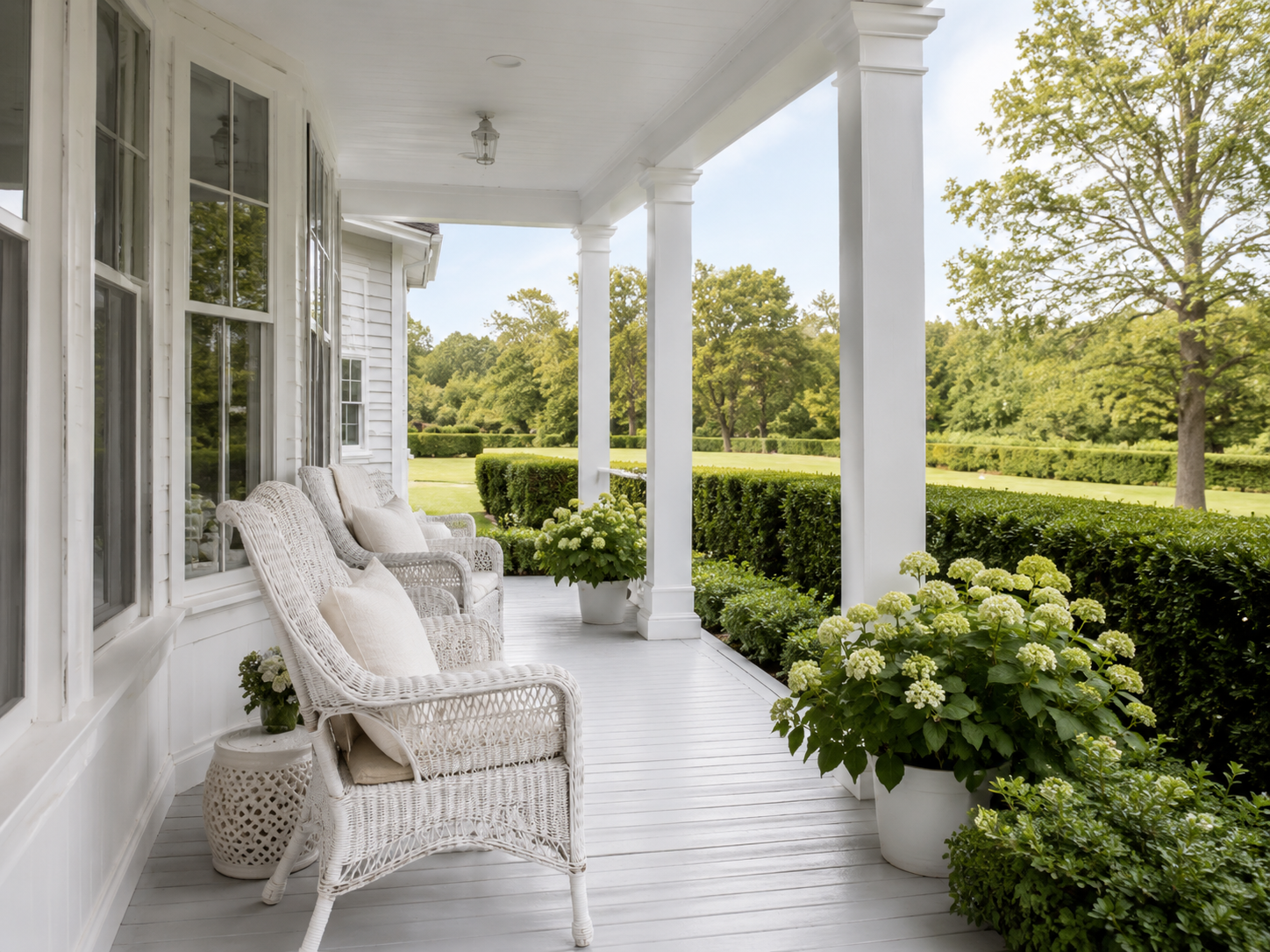 Porch with white wicker chairs, pillows, potted plants, and a view of green trees and bushes.