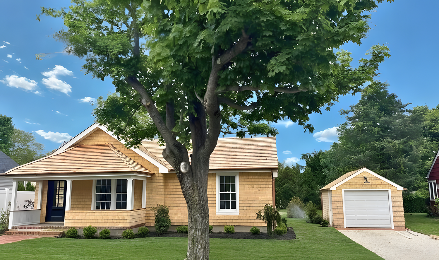 A yellow house with a gable roof, white trim, and a small front porch with white railing. In front of the house is a large tree with dense green leaves. To the right of the house is a detached garage with a white door and yellow siding. The lawn is neatly manicured, and the sky is blue with scattered clouds.