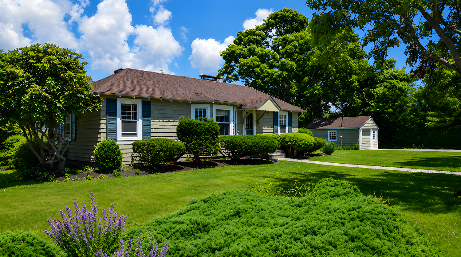 A house with a brown roof, green exterior, and white window frames with navy shutters, surrounded by well-manicured lawn and bushes, with a small shed nearby, under a blue sky with some clouds.