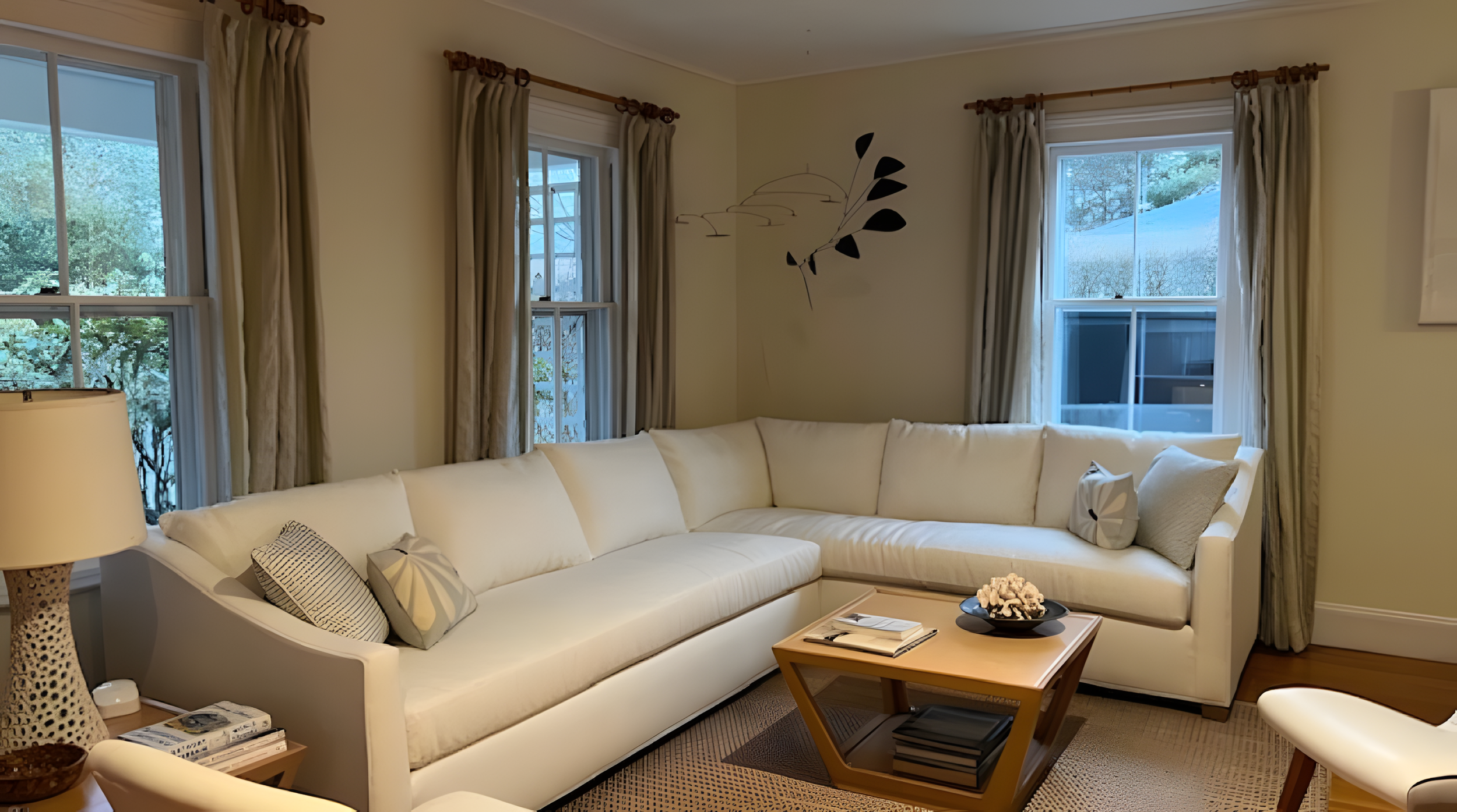 Living room with a white sectional sofa, decorative pillows, a coffee table with books and coral, and large windows with beige curtains showing trees outside.