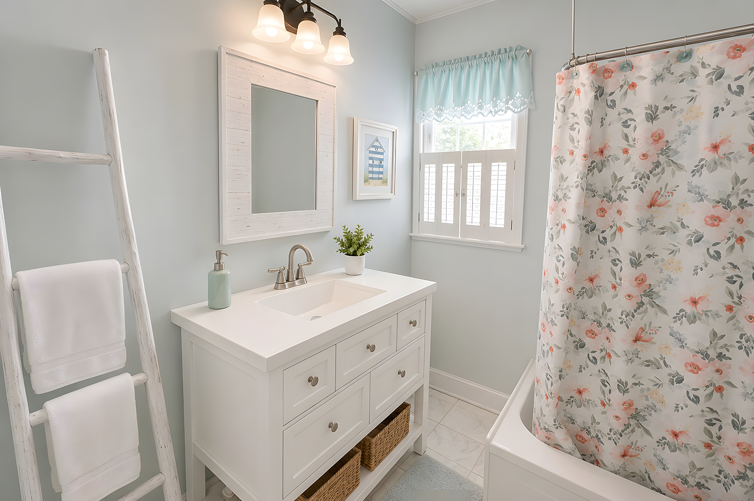 Bright bathroom with light blue walls, white vanity with a plant and soap dispenser, floral shower curtain, window with shutters, and a mirror above the sink.