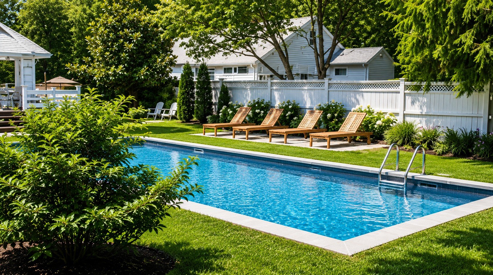 A backyard with a swimming pool surrounded by green grass, trees, and plants. There are four wooden lounge chairs on a paved area beside the pool, and a white fence encloses the yard. A house with white siding and a porch is in the background.