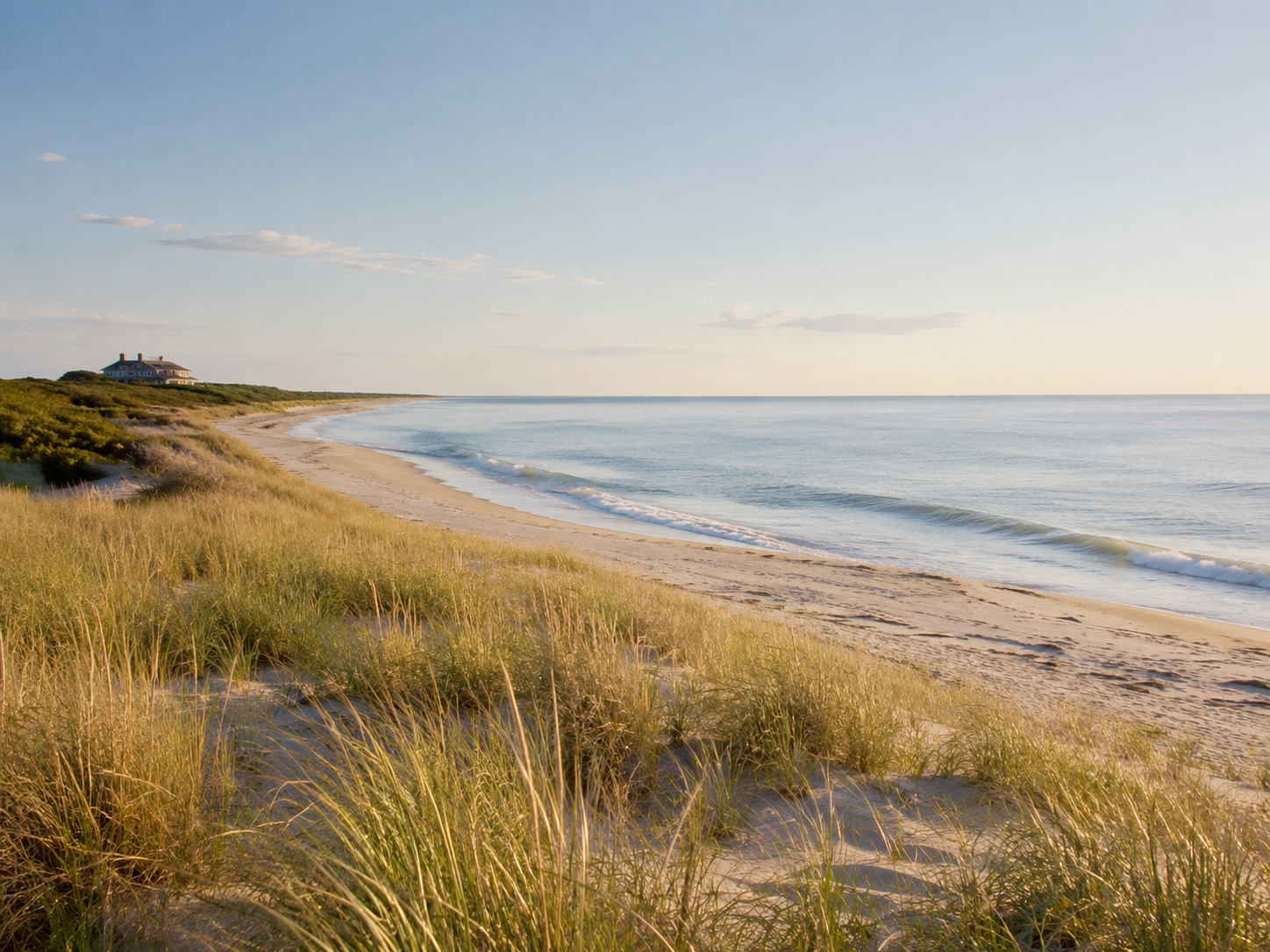 A peaceful beach with sand dunes and tall grass in the foreground, gentle waves on the shore, and a house on a distant hill under a clear sky with some clouds.