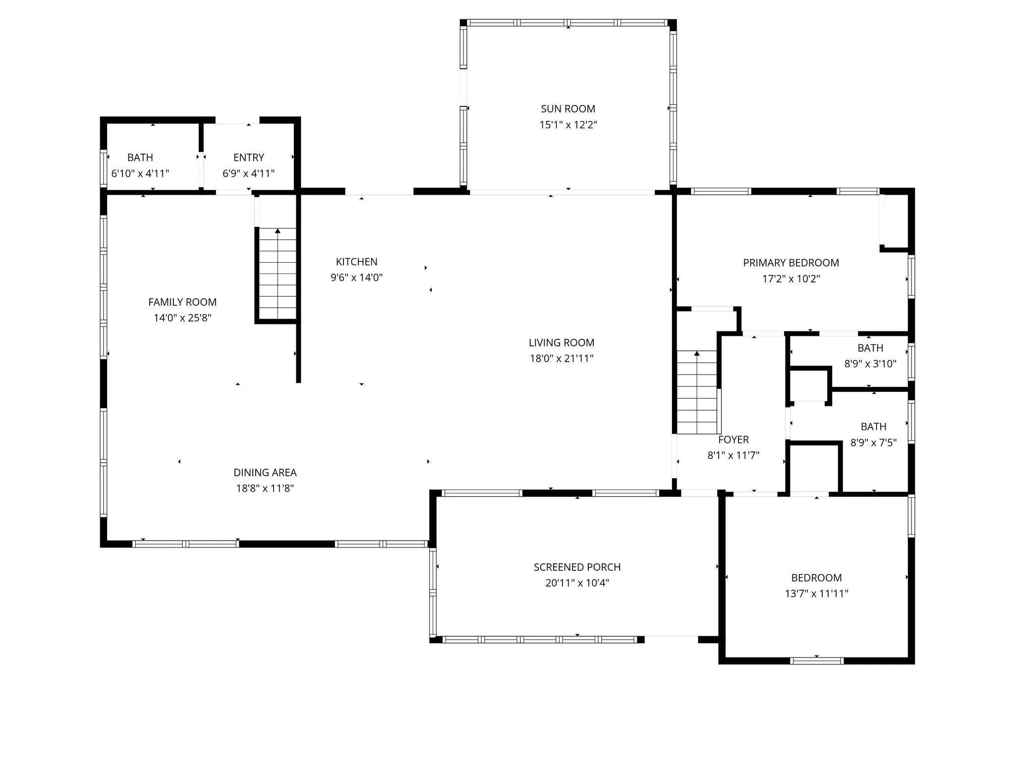 A detailed black and white floor plan of a house showing various rooms including a family room, dining area, kitchen, sun room, primary bedroom, bedrooms, bathrooms, entry, foyer, screened porch, and staircase.