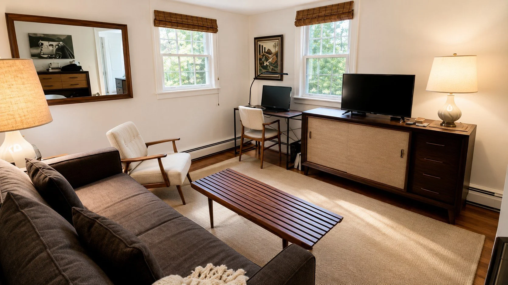 A living room with a brown sofa, white armchair, wooden coffee table, TV on a wooden stand, desk with a computer, two windows with blinds, and a large mirror on the wall.