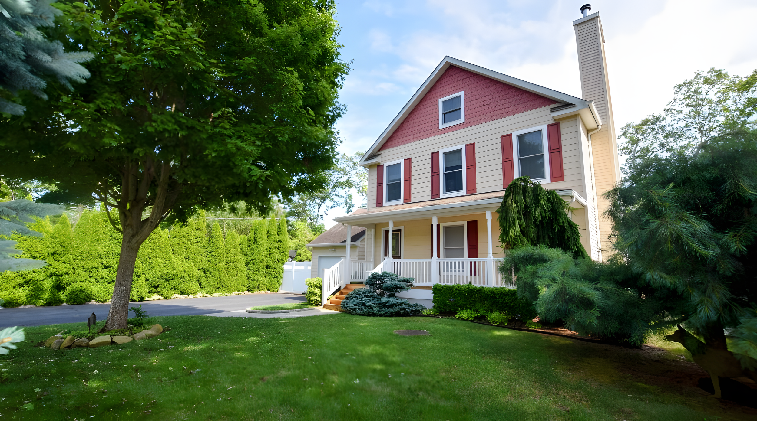 A two-story house with beige and red siding, surrounded by lush green trees and bushes, with a small front porch and a paved driveway.