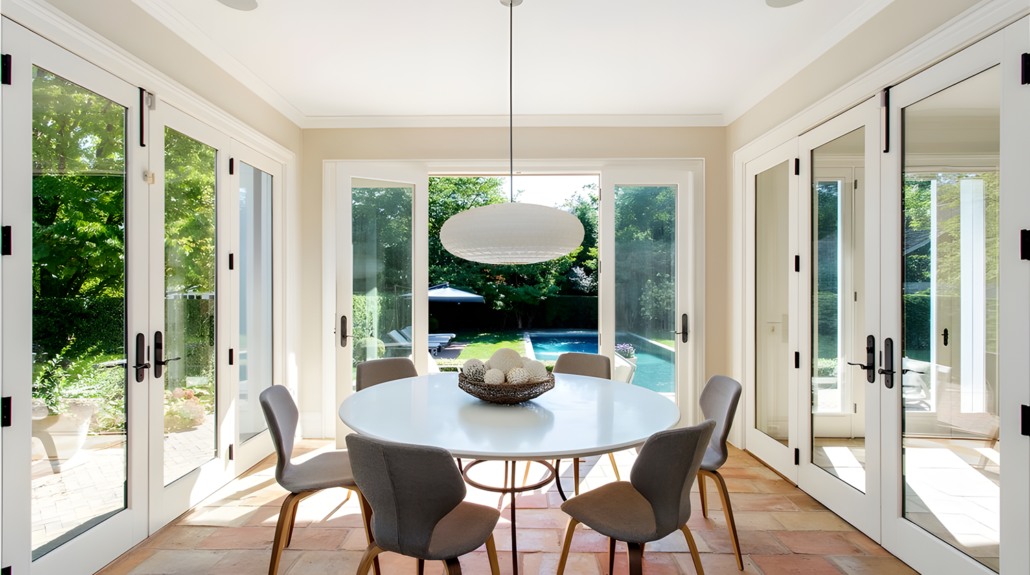 Bright dining area with large glass doors opening to a backyard with a pool and green trees, white round table with six chairs, hanging white pendant light, and a bowl of decorative spheres on the table.