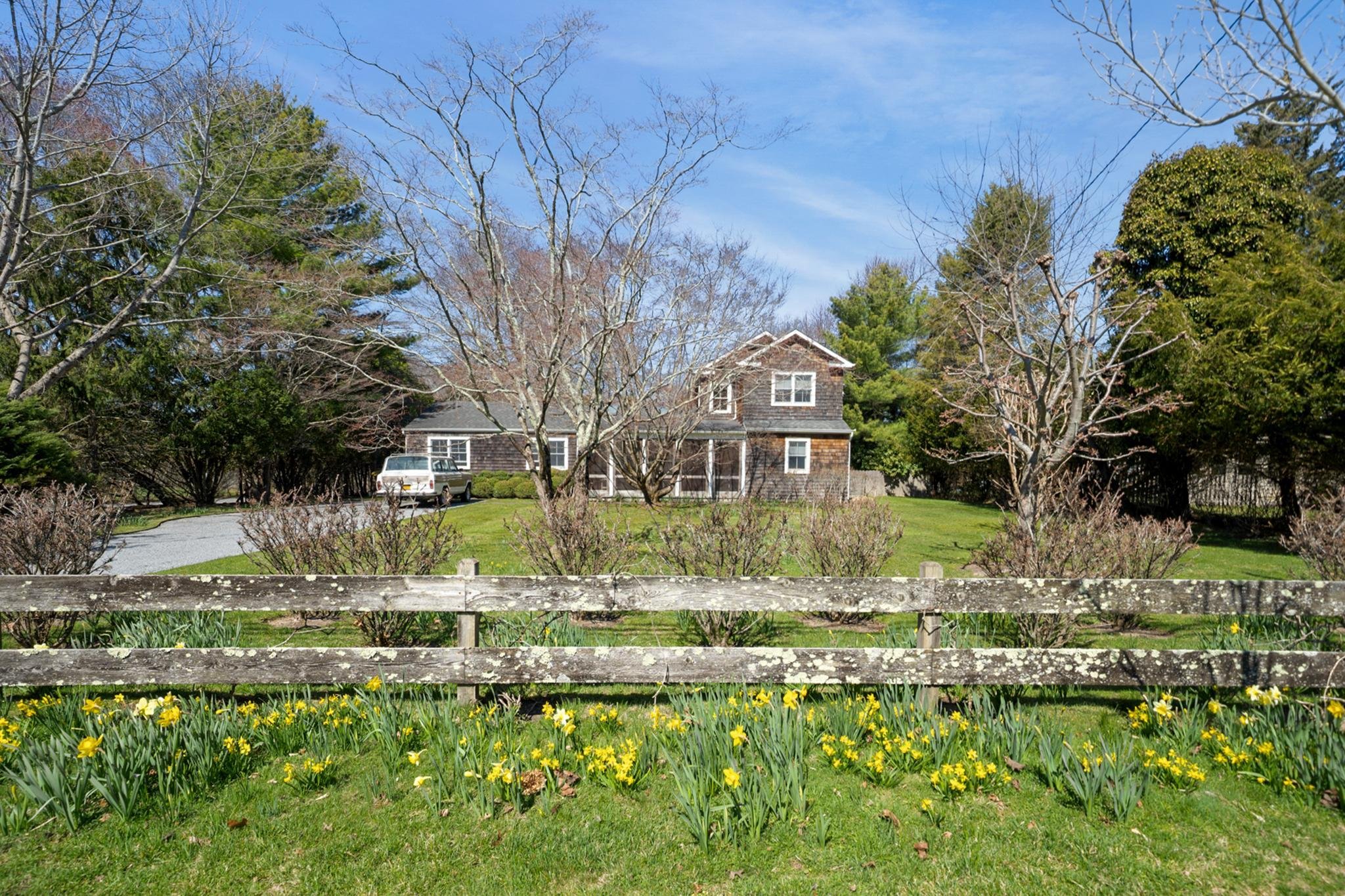 A house in a garden with yellow flowers, a weathered wooden fence in the foreground, and trees with bare branches and evergreen trees behind the house, under a blue sky.