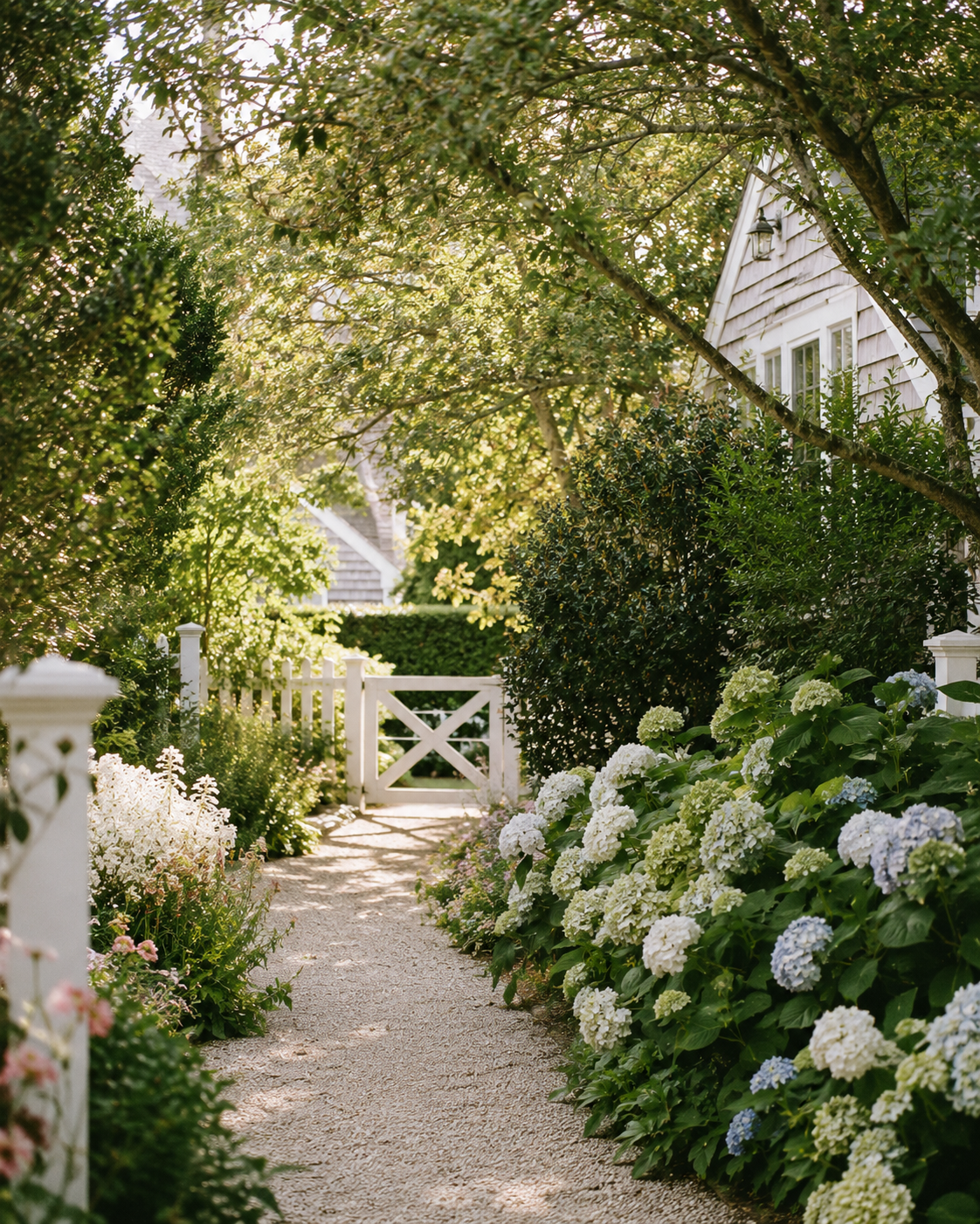 A garden path with hydrangeas on one side and bushes on the other, leading to a white picket gate, surrounded by trees and greenery.