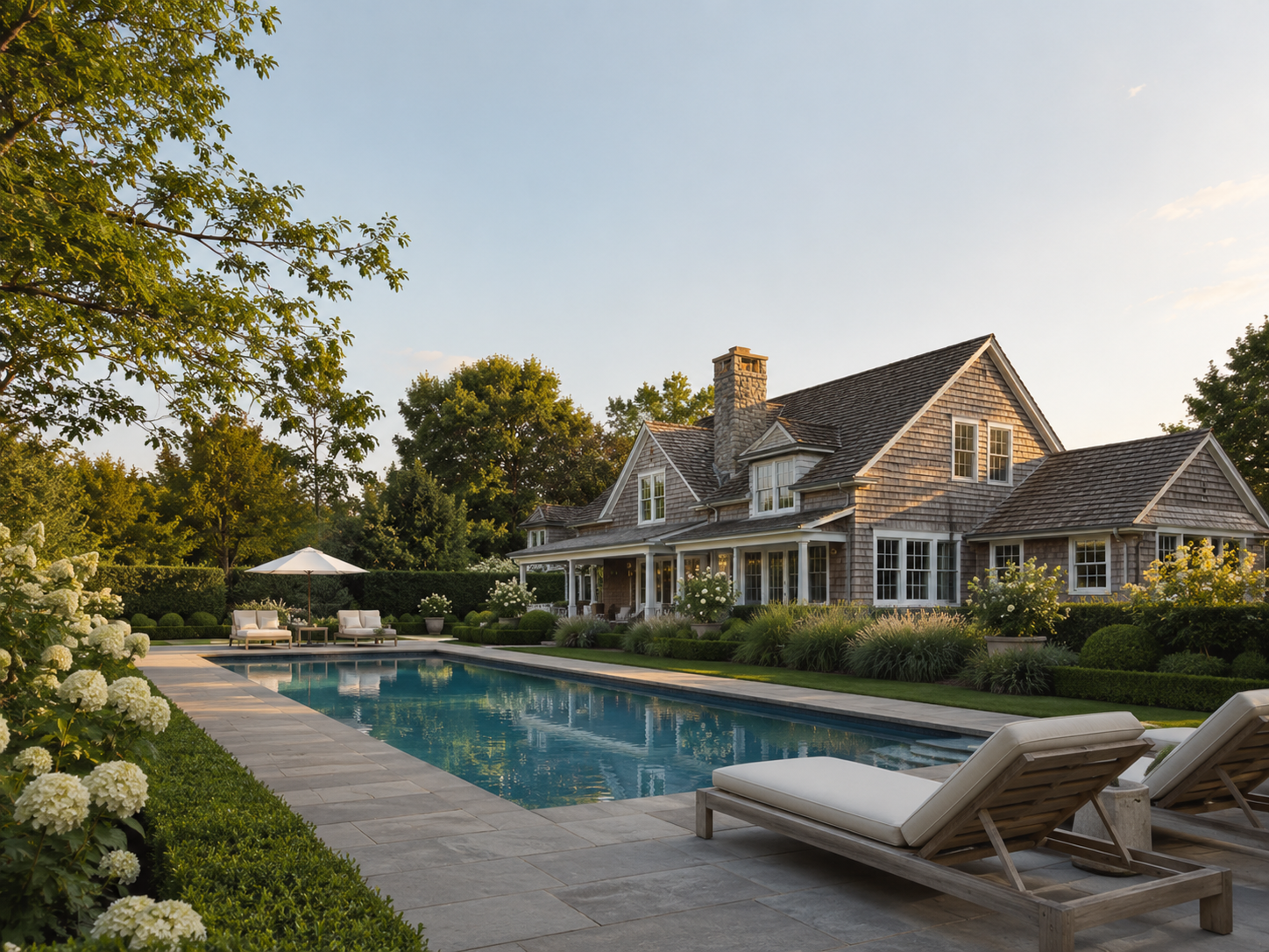 A luxurious house with a backyard pool and garden, during the late afternoon. The house has stone siding, multiple windows, and a chimney, with a patio area decorated with seating and an umbrella.