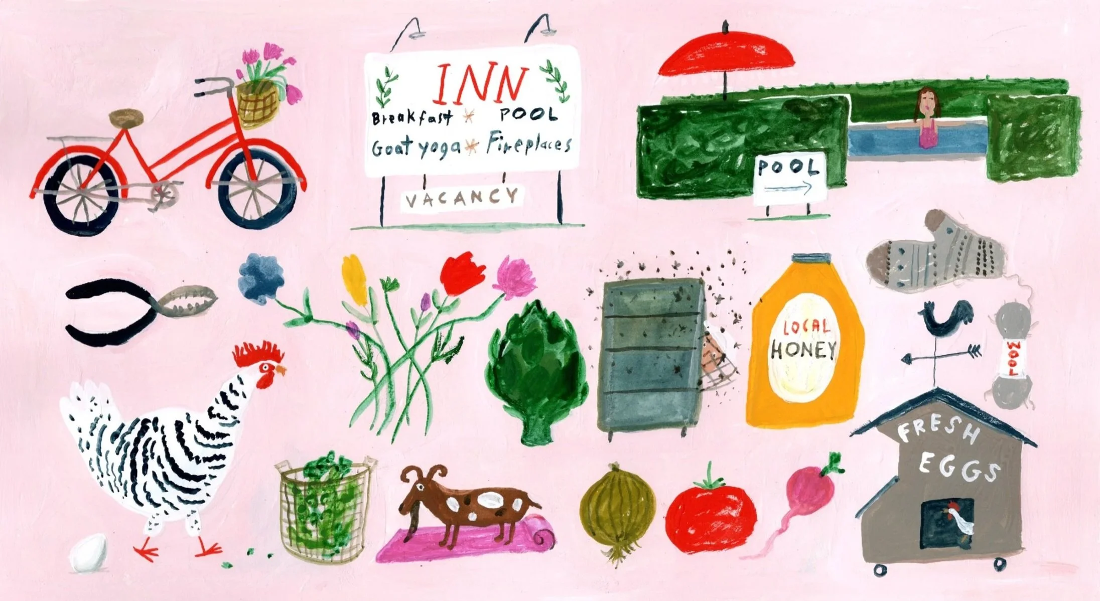 Colorful hand-drawn illustration featuring a red bike with a basket of pink flowers, signs for an inn and pool, a woman in a pool, various vegetables, a chicken, a dog, honey, and other farm and market items.