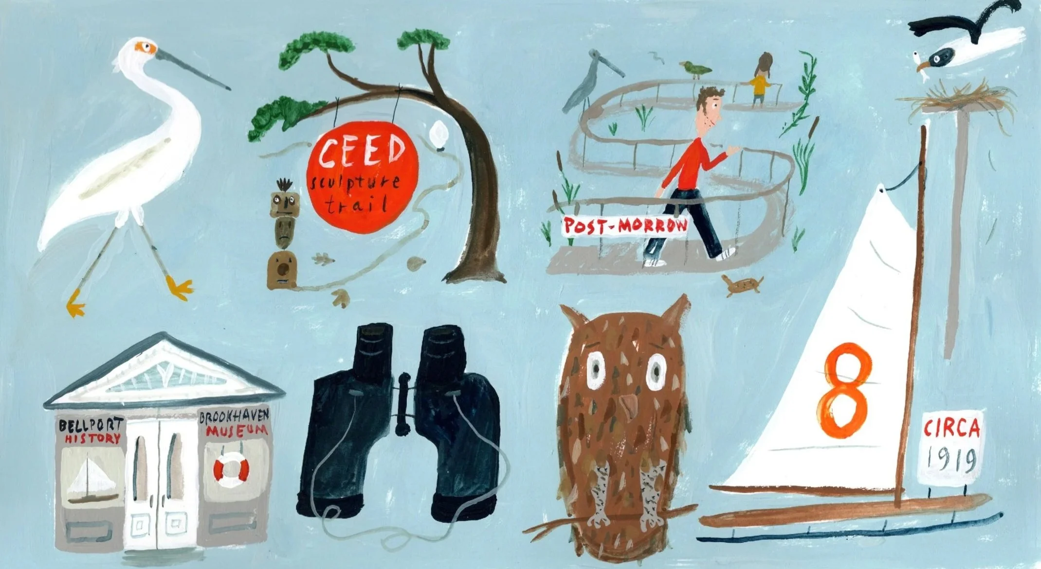 A painted collage with a white heron, a red circle sign that says 'CEED sculpture trail,' a person walking on a trail at 'Post-Morrow,' a bear, binoculars, a building labeled 'Brookhaven Museum,' and various birds and trees.
